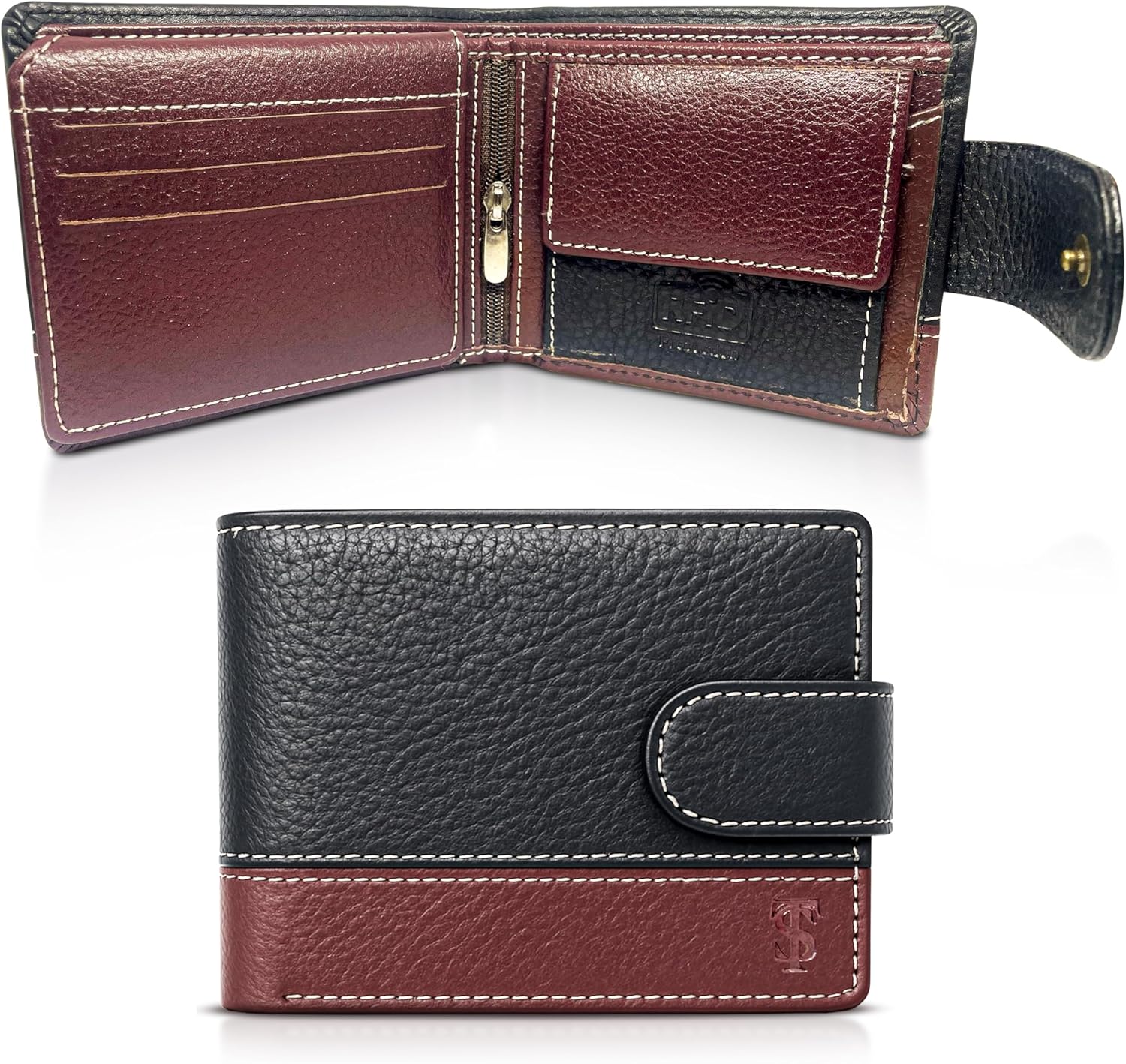 Detalle de Thread & Stitch Genuine Leather Wallet for Men – Bifold with RFID Blocking and 10 Card Slots