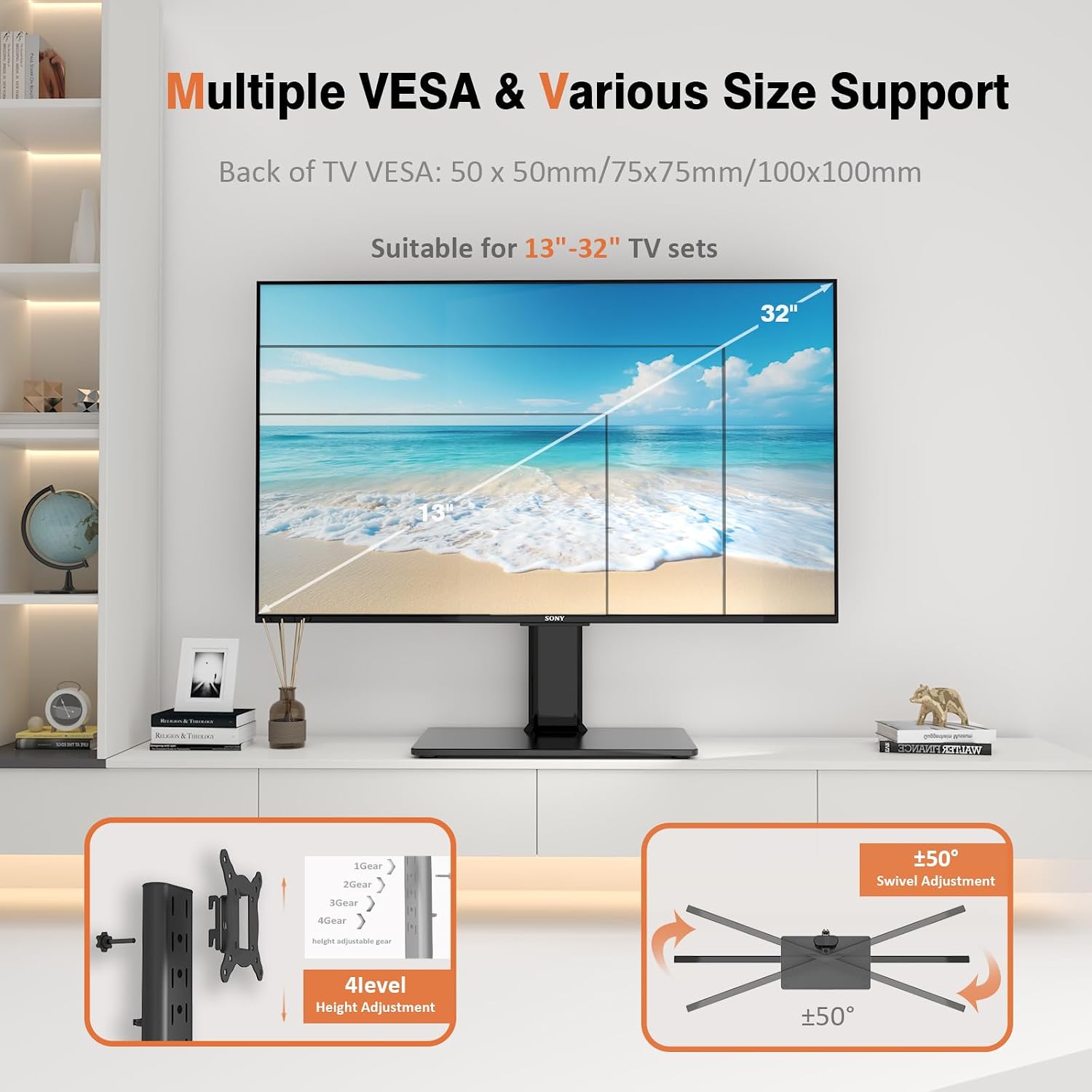Detalle 2 de Small Universal Swivel TV Stand/Base Table Top TV Stand for 13 to 32 inch TVs (HT07B-001P) with Tempered Glass Base