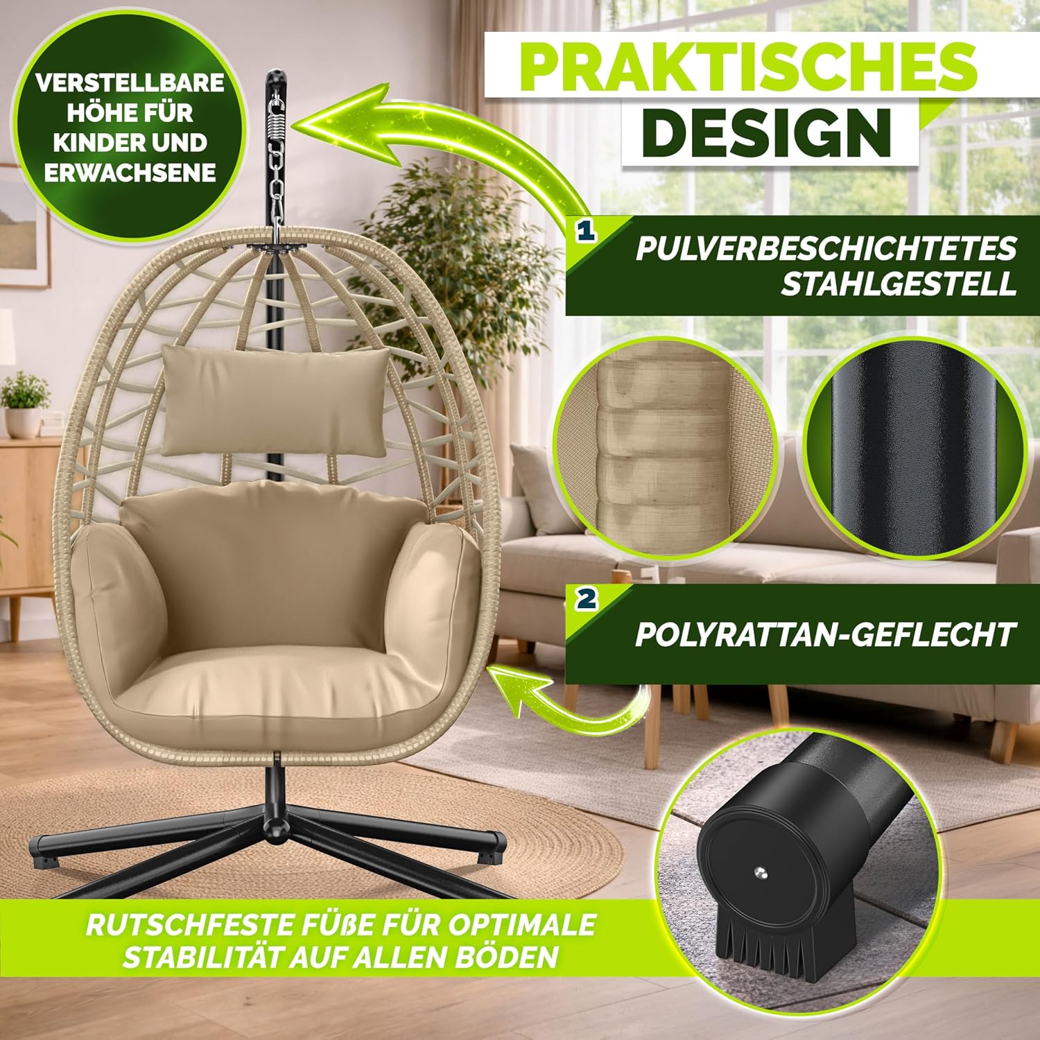 Thumbnail 4 de tillvex Hängesessel mit Gestell – wetterfester Outdoor Hängesessel aus Polyrattan (Beige)