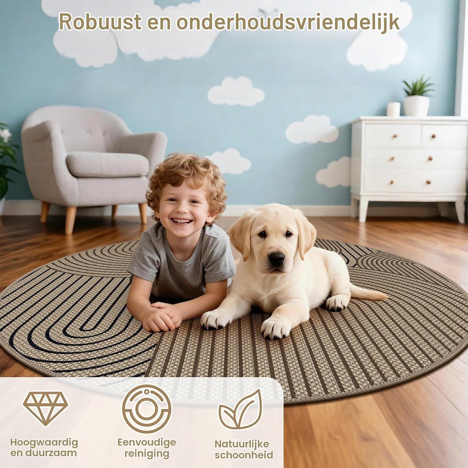 Detalle de VSIWB rond vloerkleed 120 cm, polyester met jute-look en antislip