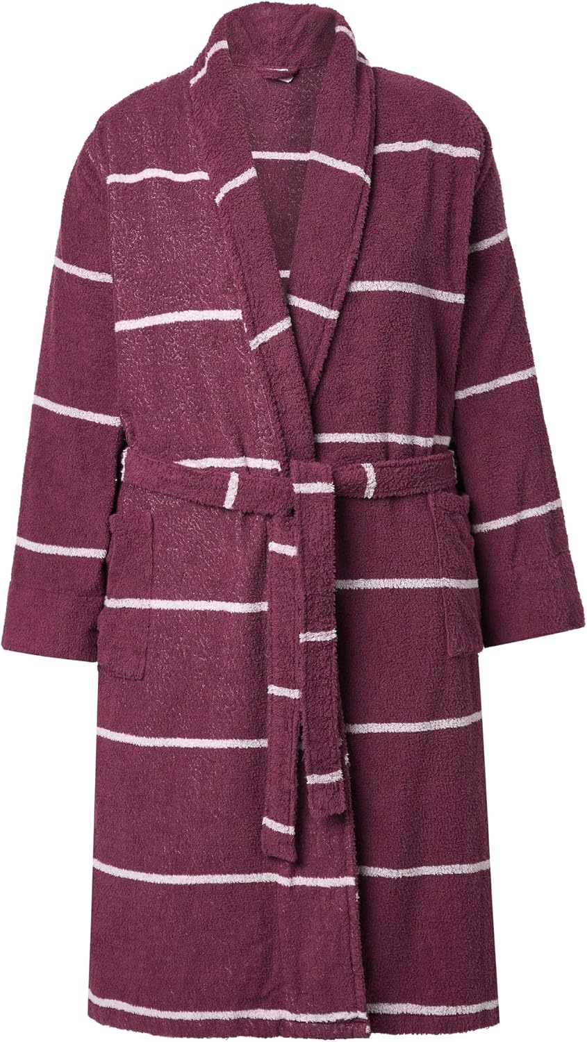 Detalle 1 de Ulla Popken Peignoir grandes tailles en tissu éponge rayé – col châle, manches longues et ceinture à nouer