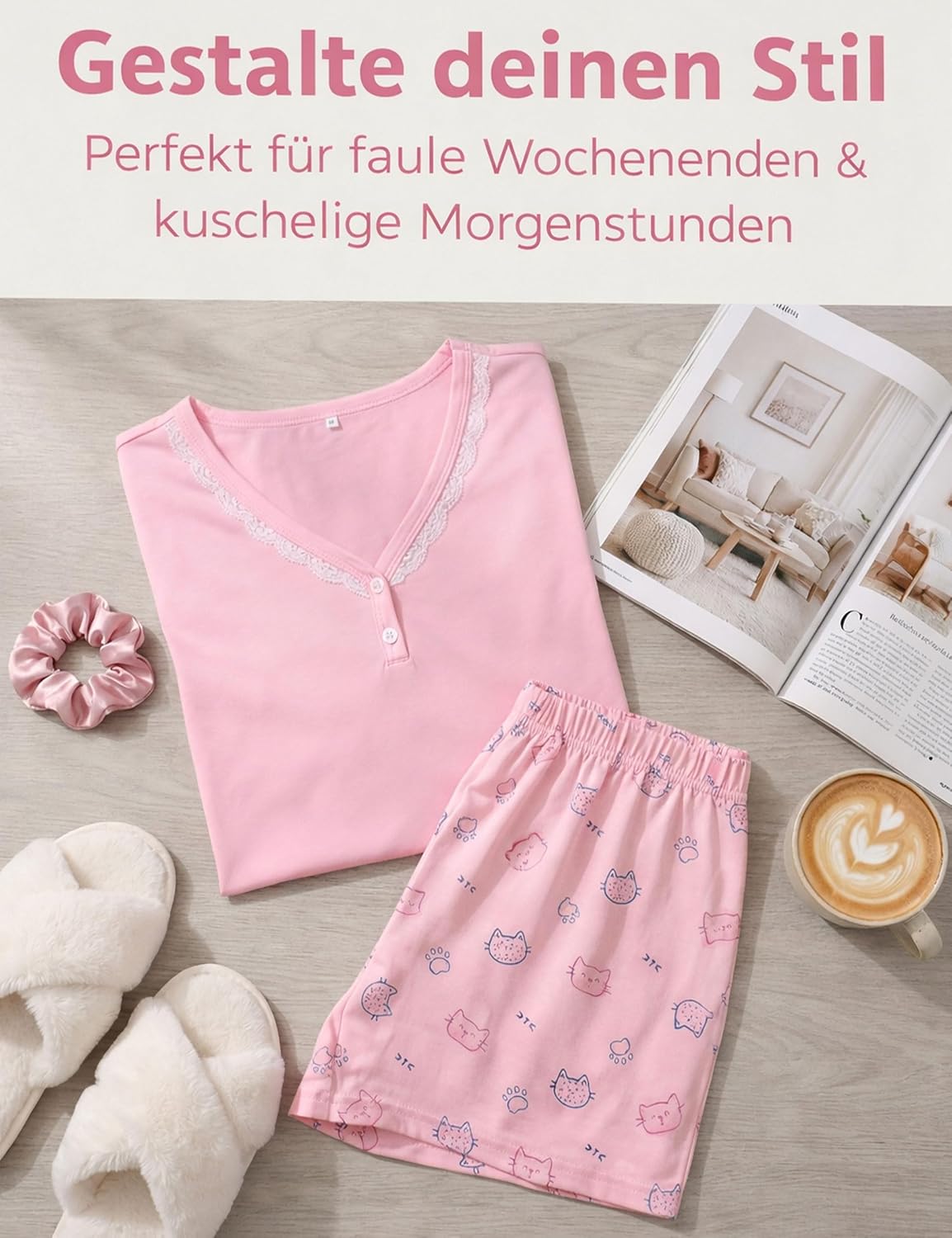 Thumbnail 6 de Aseniza Damen Schlafanzug Kurz Set – Baumwolle, V-Ausschnitt, Spitzenbesatz, 2-teilig (S–XXL)