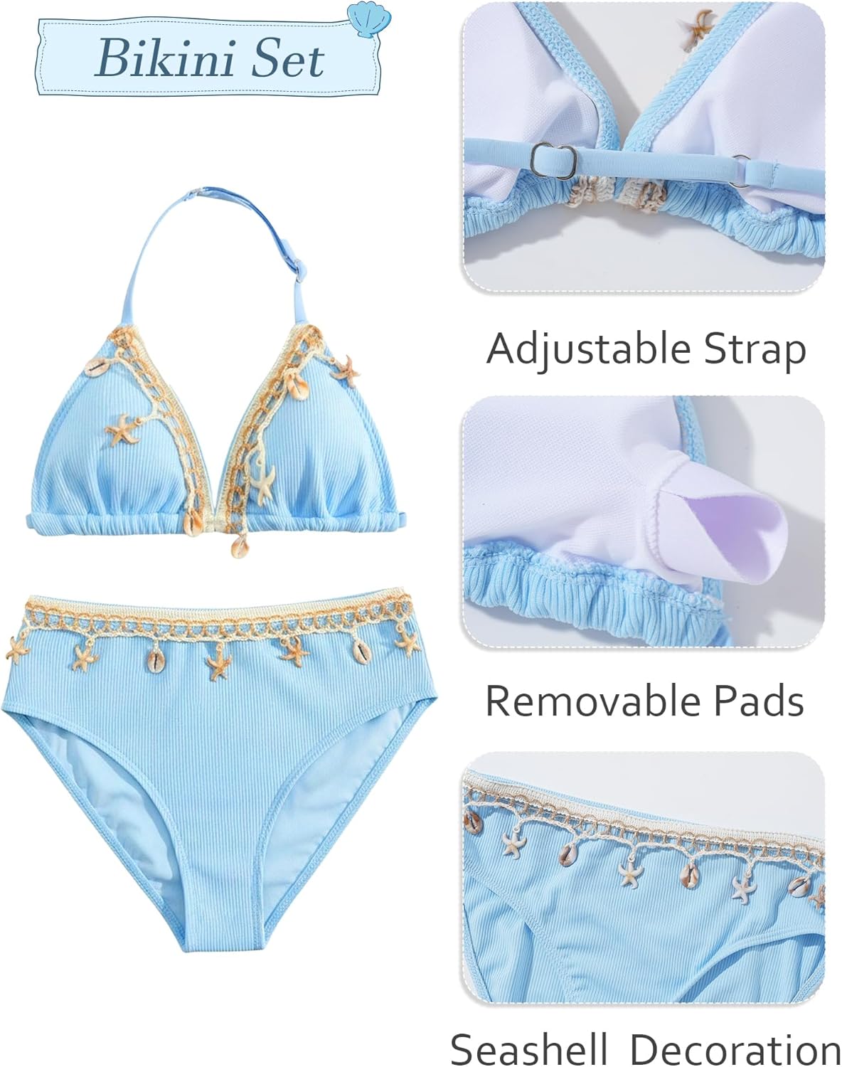 Thumbnail 3 de Girls 3-Piece Ribbed Bikini Set with Removable Chest Pads, Backless Halter Neck & Beach Skirt (Age 8–12 Years)