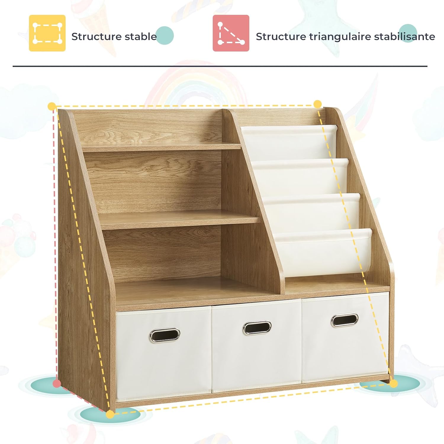 Detalle 1 de EFURDEN EDKB01 Montessori-kinderboekenkast met 4 planken, 3 laden en 4 stoffen vakken