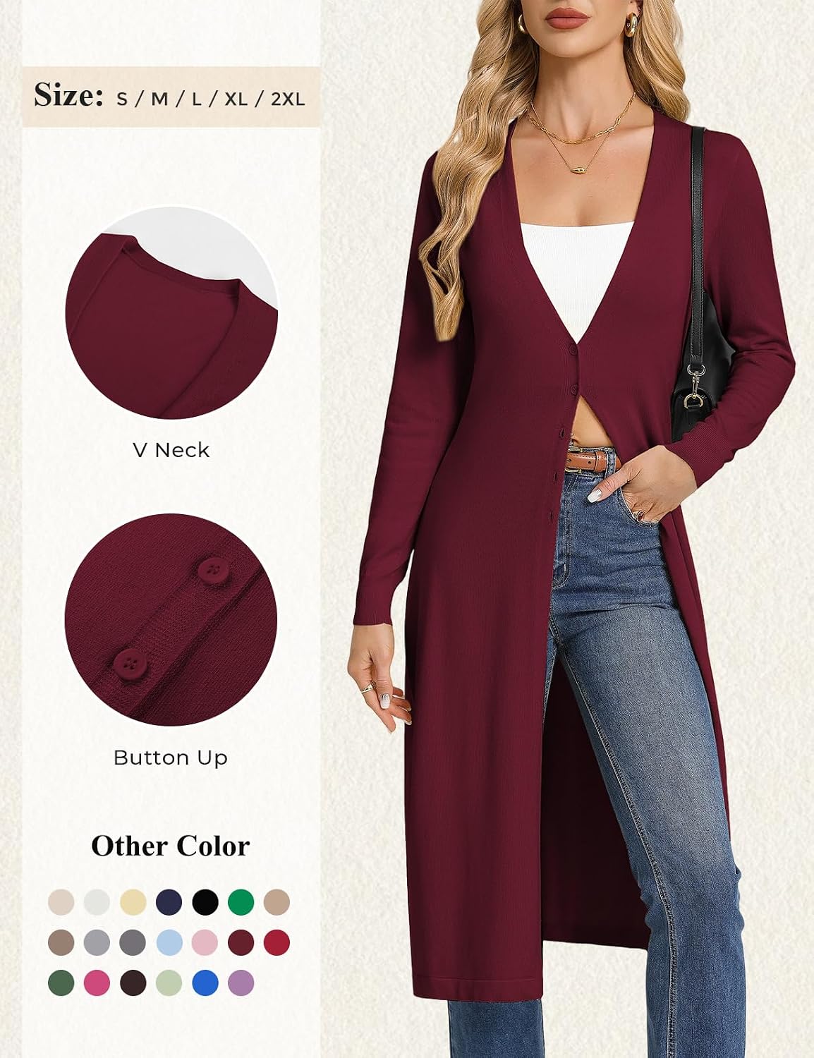 Detalle 2 de GRACE KARIN Women's Long Lightweight Knit Cardigan, V-Neck Button-Up Duster