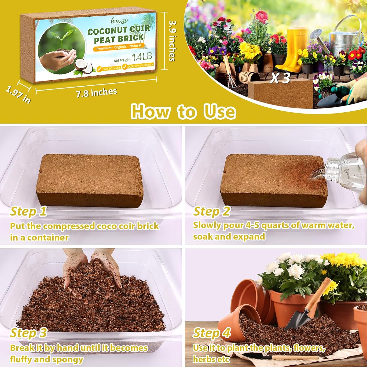 Detalle 2 de Legigo LG-UK-Blue Coco Bricks-3pcs Coco Coir, 3-Pack for Seed Starting