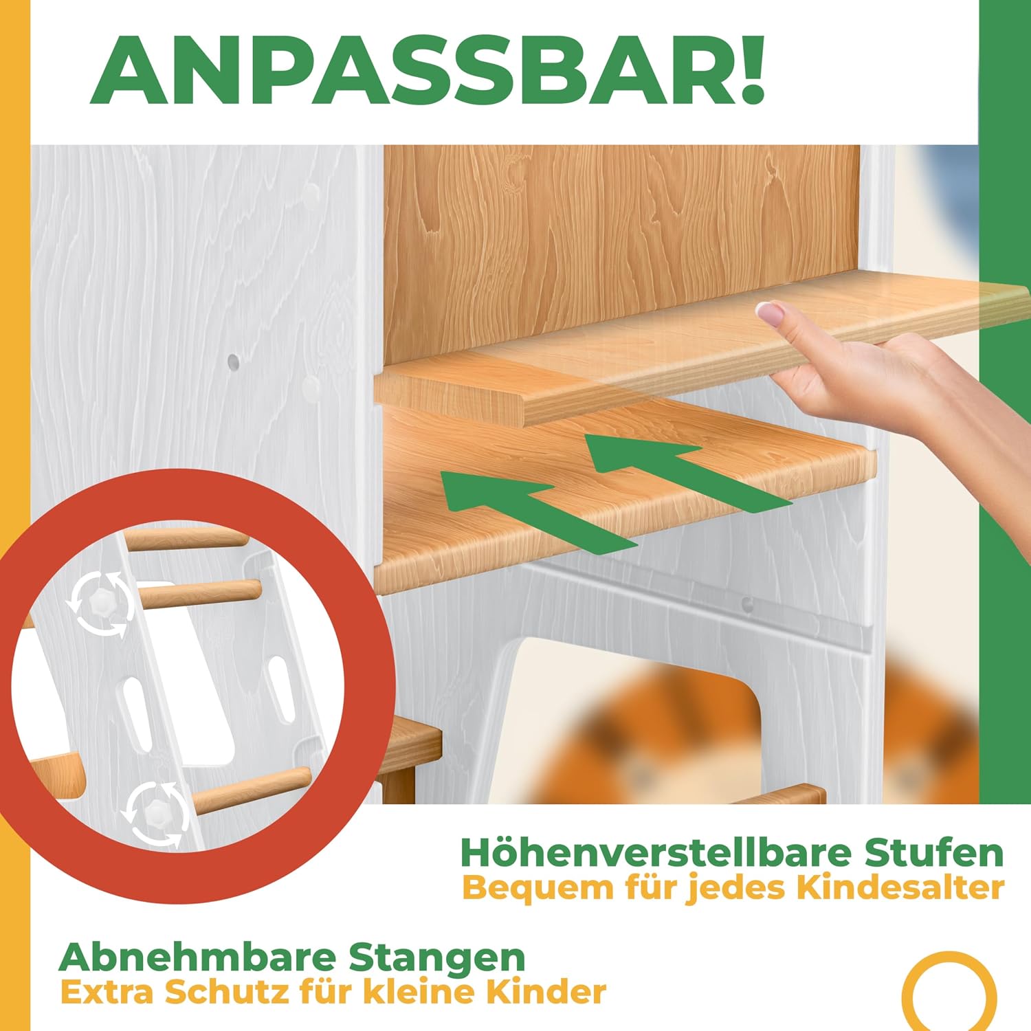 Detalle 2 de KIDIZ® Lernturm für Kinder ab 1 Jahr inkl. Lernuhr – höhenverstellbarer Tritthocker aus Kiefernholz bis 50 kg