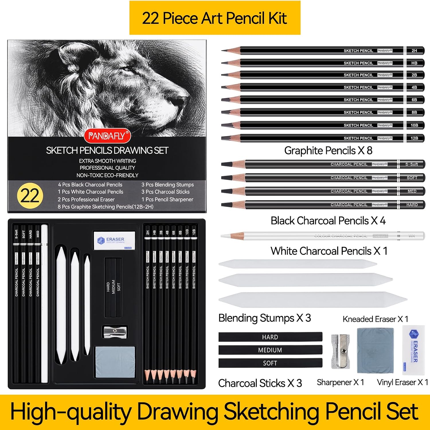 Detalle de PANDAFLY Drawing Pencil Set, 22-Piece