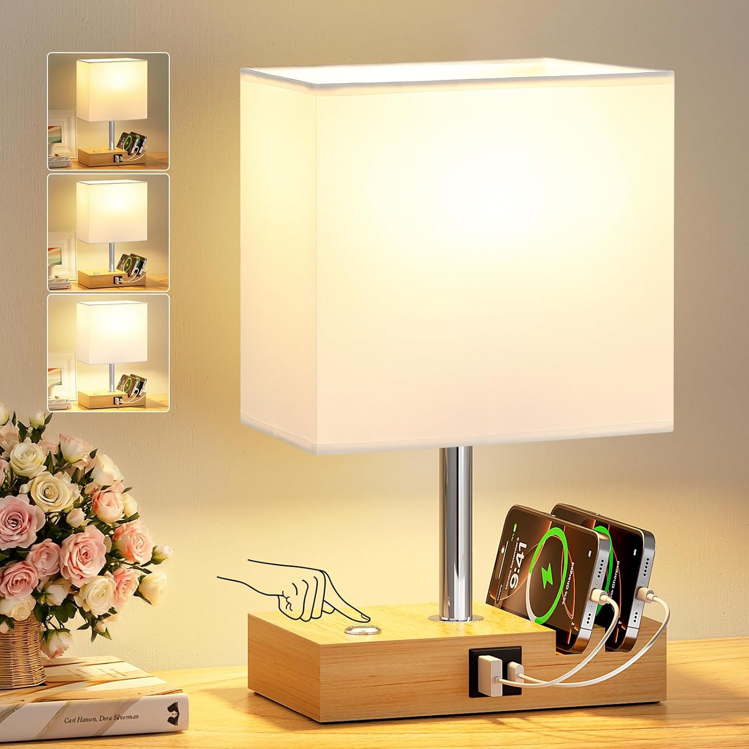 PreeOtti Bedside Wooden Lamp with USB A+C ports
