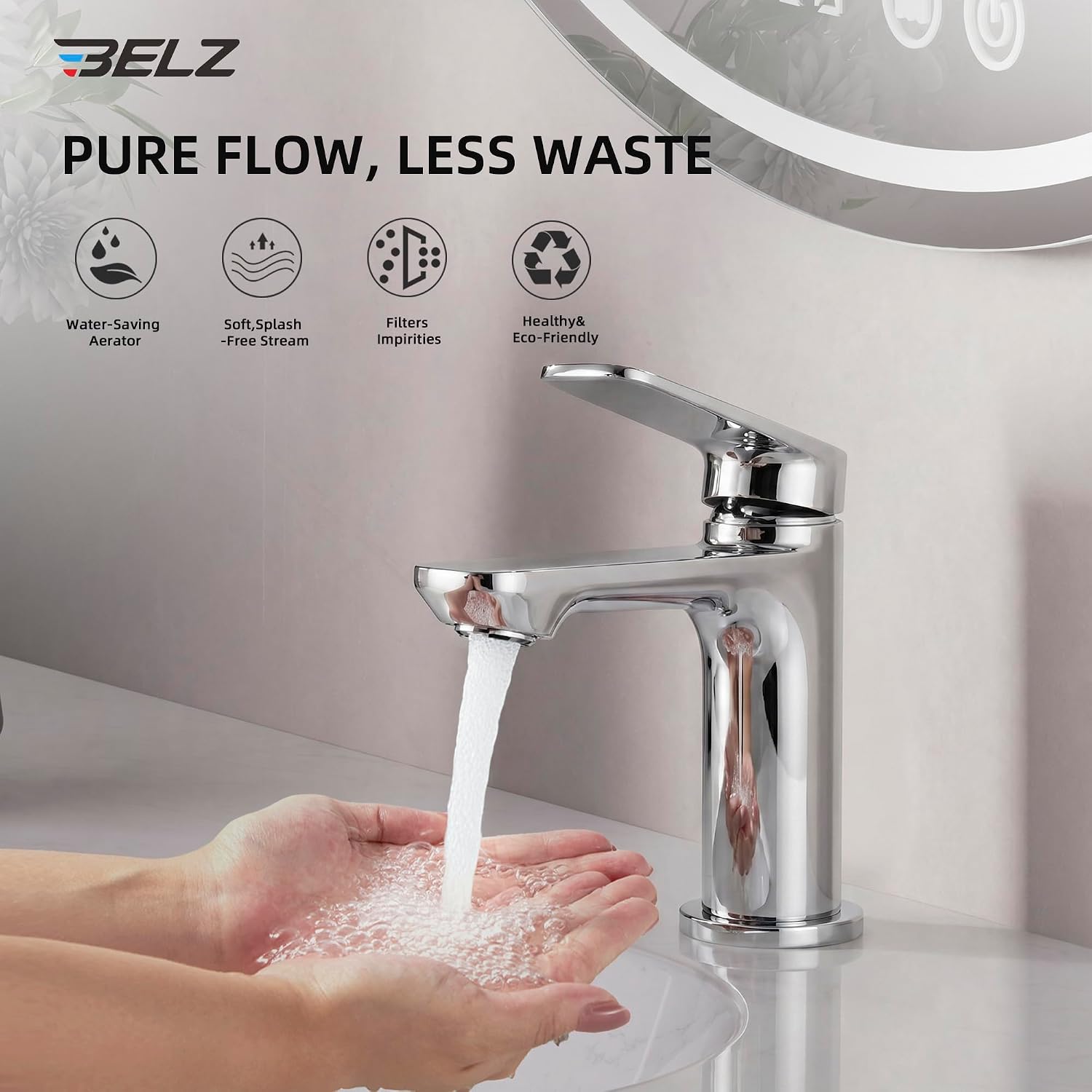 Detalle 2 de BELZ Modern Basin Mixer Tap (Single Lever) – Chrome brass bathroom faucet with hot & cold mixer