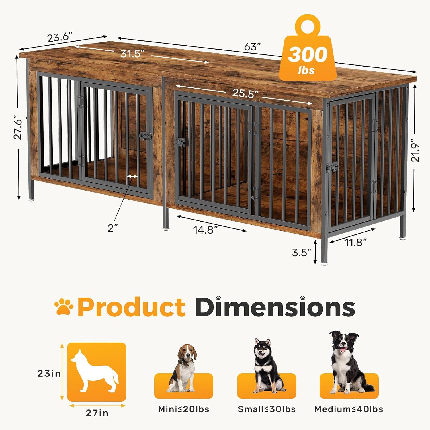 Detalle 2 de NEWBULIG Double Dog Crate Furniture, 63-inch