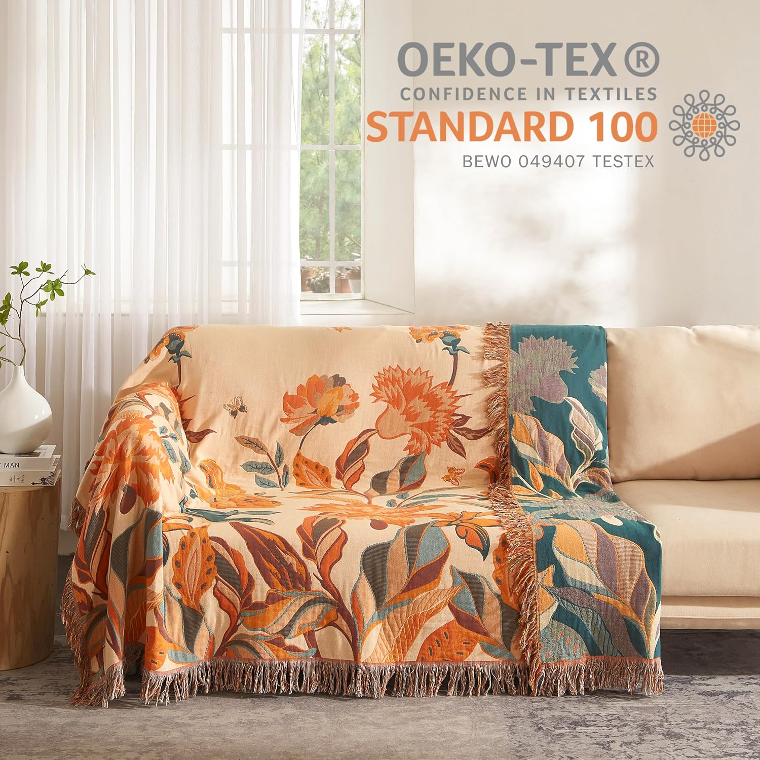 Detalle 2 de SE SOFTEXLY Boho Cotton Throw Blanket, King Size 90” x 98”, 4-Layer Floral Muslin