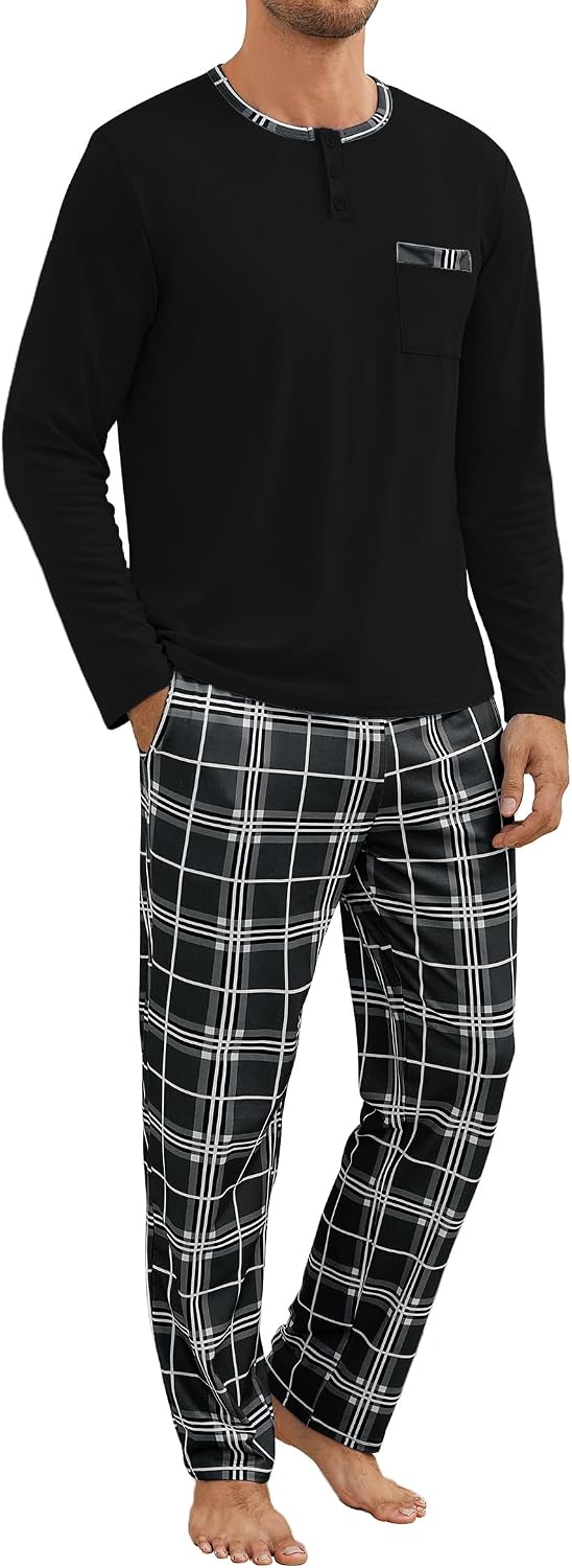 Detalle de Atforna Schlafanzug Herren Lang Karierten Pyjama Set – Zweiteiliges Baumwoll-Set für Herbst und Winter