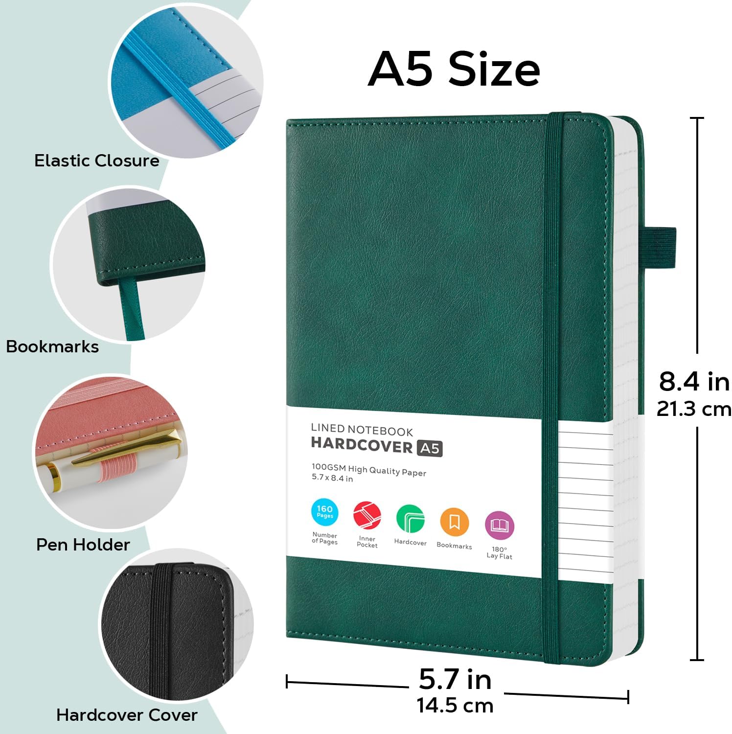 Thumbnail 1 de FOCUS DAY 2 Pack A5 Journal Notebook – Faux Leather, 100gsm, 2 × A5, 14.5 x 21.3 cm, Green & Black