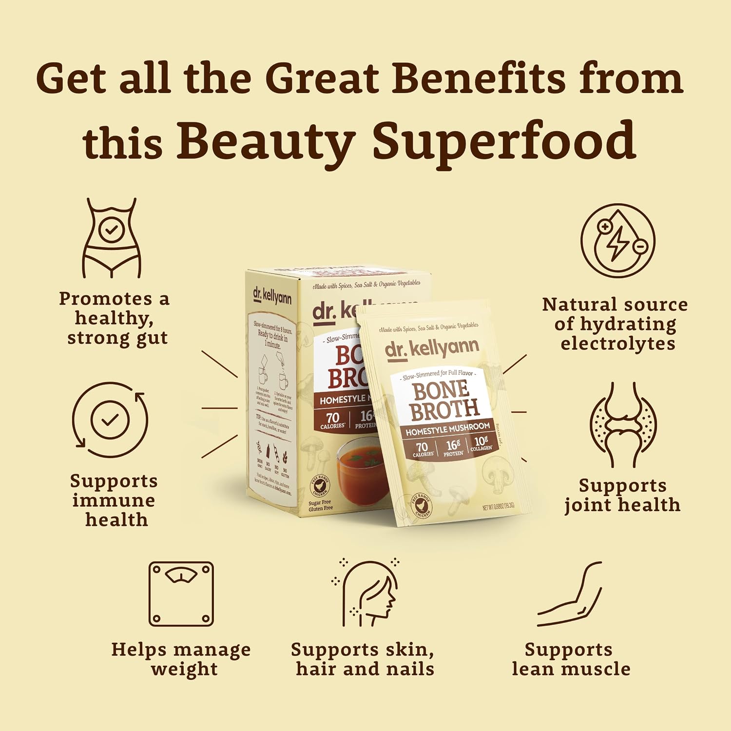 Detalle de Dr. Kellyann Homestyle Mushroom Bone Broth Packets, 7 Servings, 16g Protein