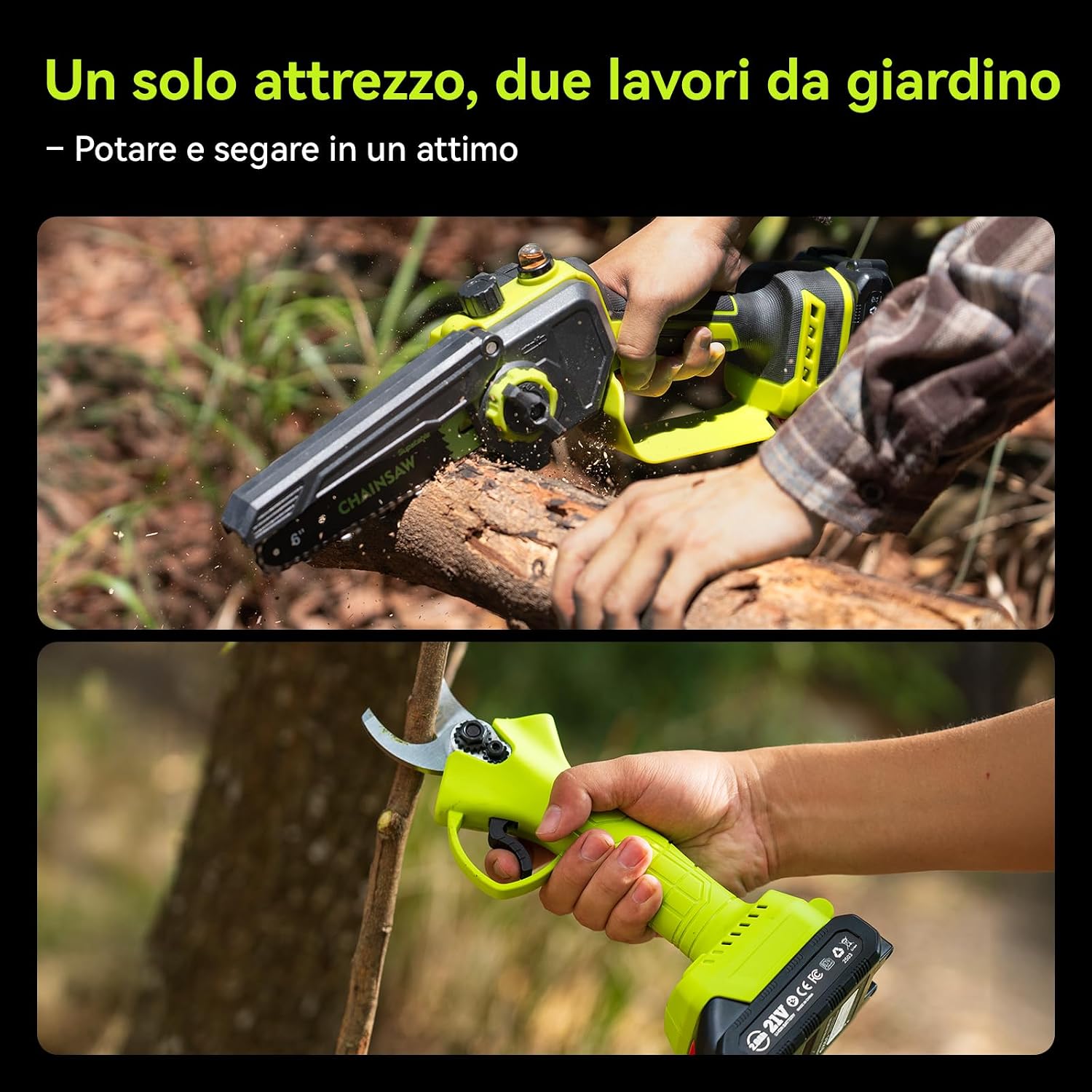 Detalle 2 de Supstable Mini Motosega e Forbici a Batteria 6”/33 mm 2-in-1 con Motore Brushless e 2 Batterie da 2.000 mAh