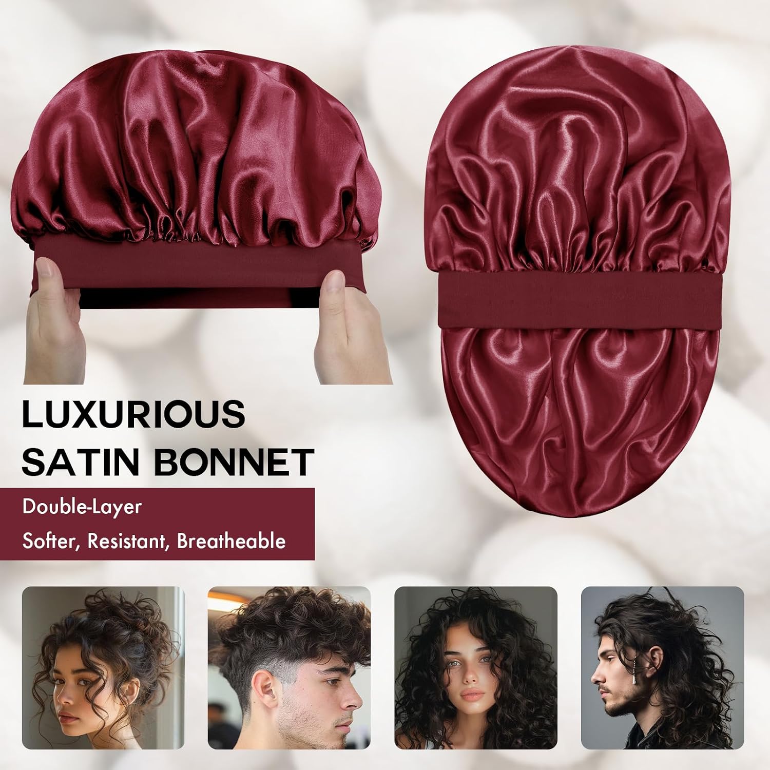 Detalle de Doitory Double-Layer Satin Bonnet, 14-Inch Sleep Cap for Curly Hair