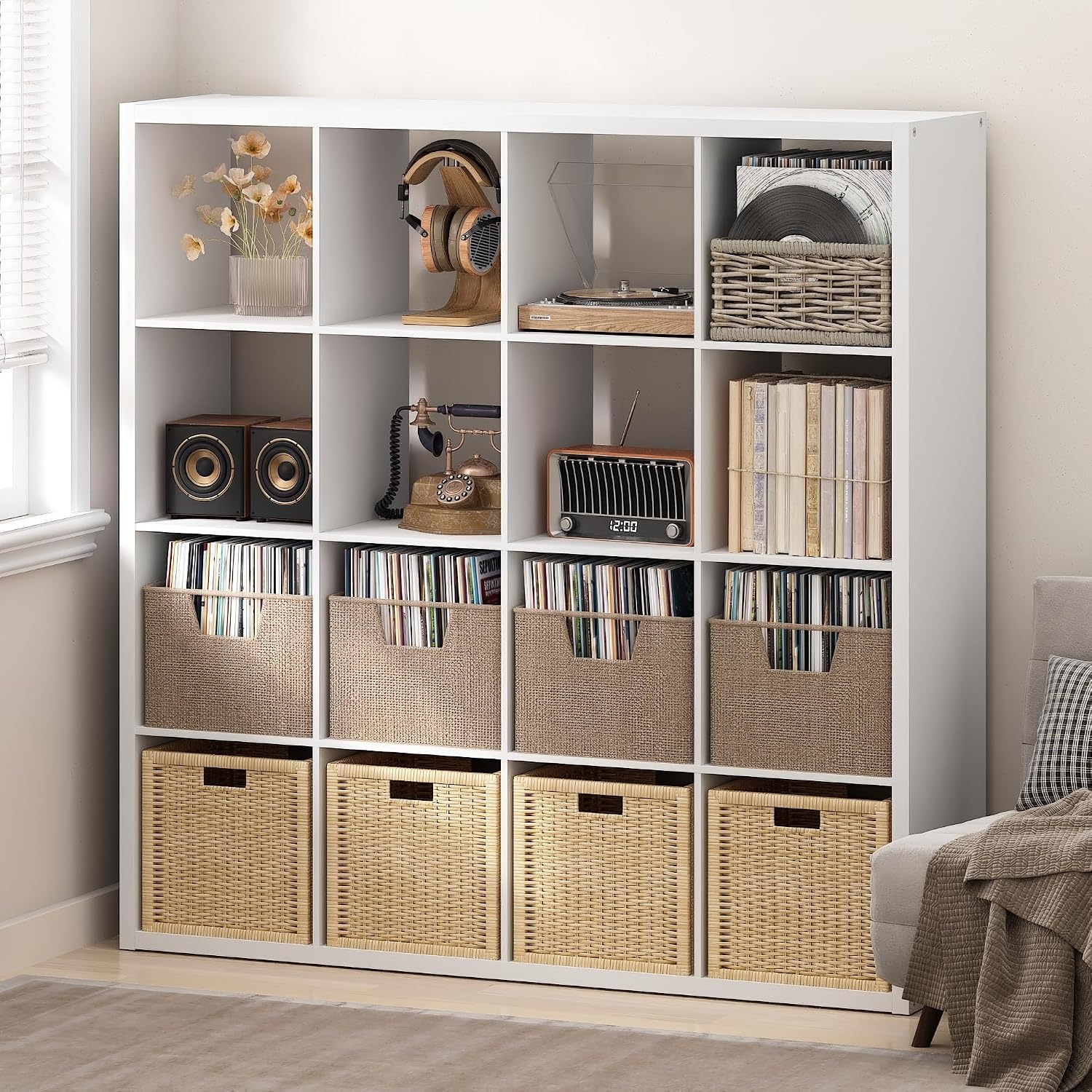 Detalle de Furinno Cubicle NALU23005WH 16-Cube Record Player Stand, White