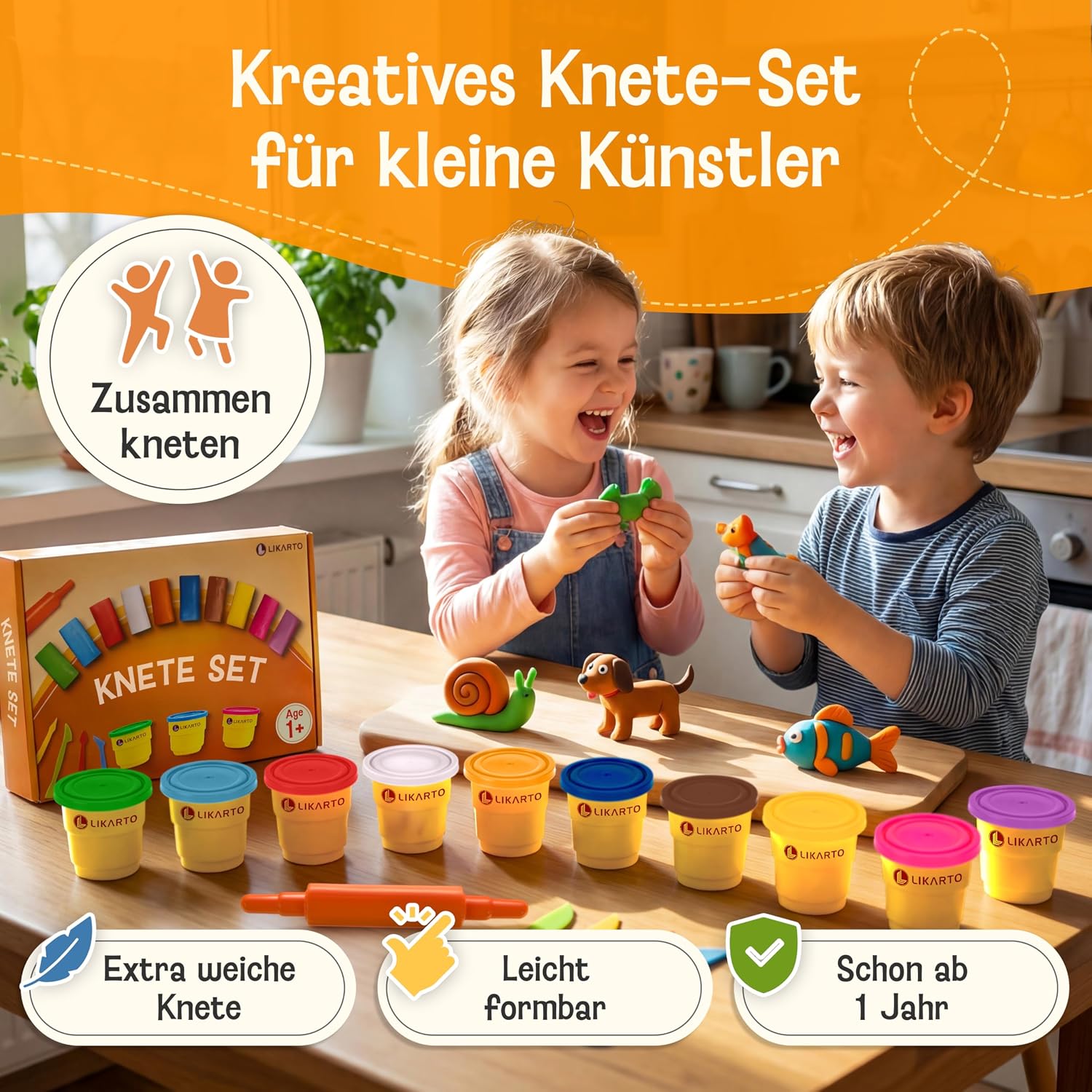 Detalle de Veganes Knete-Set für Kinder ab 1 Jahr – 10 Farben, 5 Werkzeuge, 10 Vorlagen