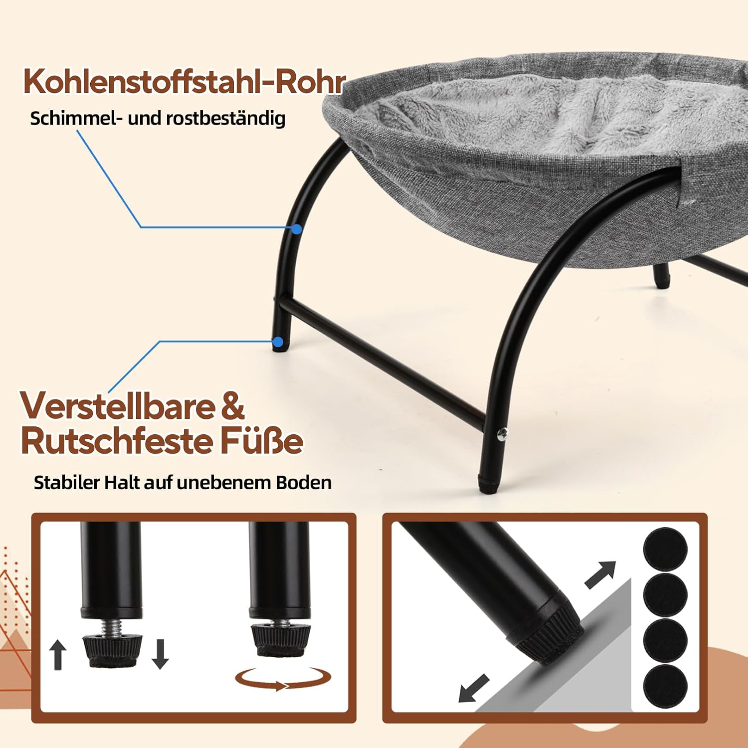 Detalle de LIFLIX Katzenhängematte Outdoor – erhöhtes Katzenbett, abnehmbares Plüschbezug, waschbar, stabiles Rahmensystem (bis 10 kg)