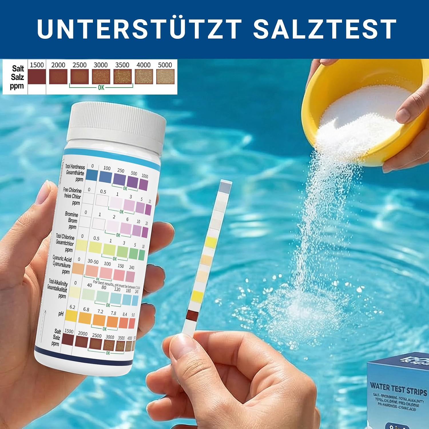 Thumbnail 2 de AKSBTEC 8-in-1 Pool-Teststreifen – Salzgehalt, pH, Chlor & mehr (100 Stück)