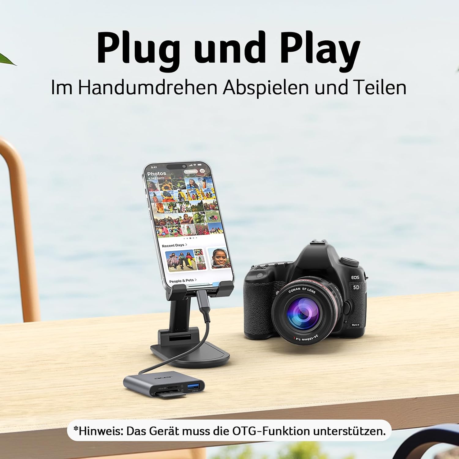 Detalle de acer USB-C SD Kartenleser mit Typ-A 3.0 – Aluminium, Zwei Karten, USB-C OTG