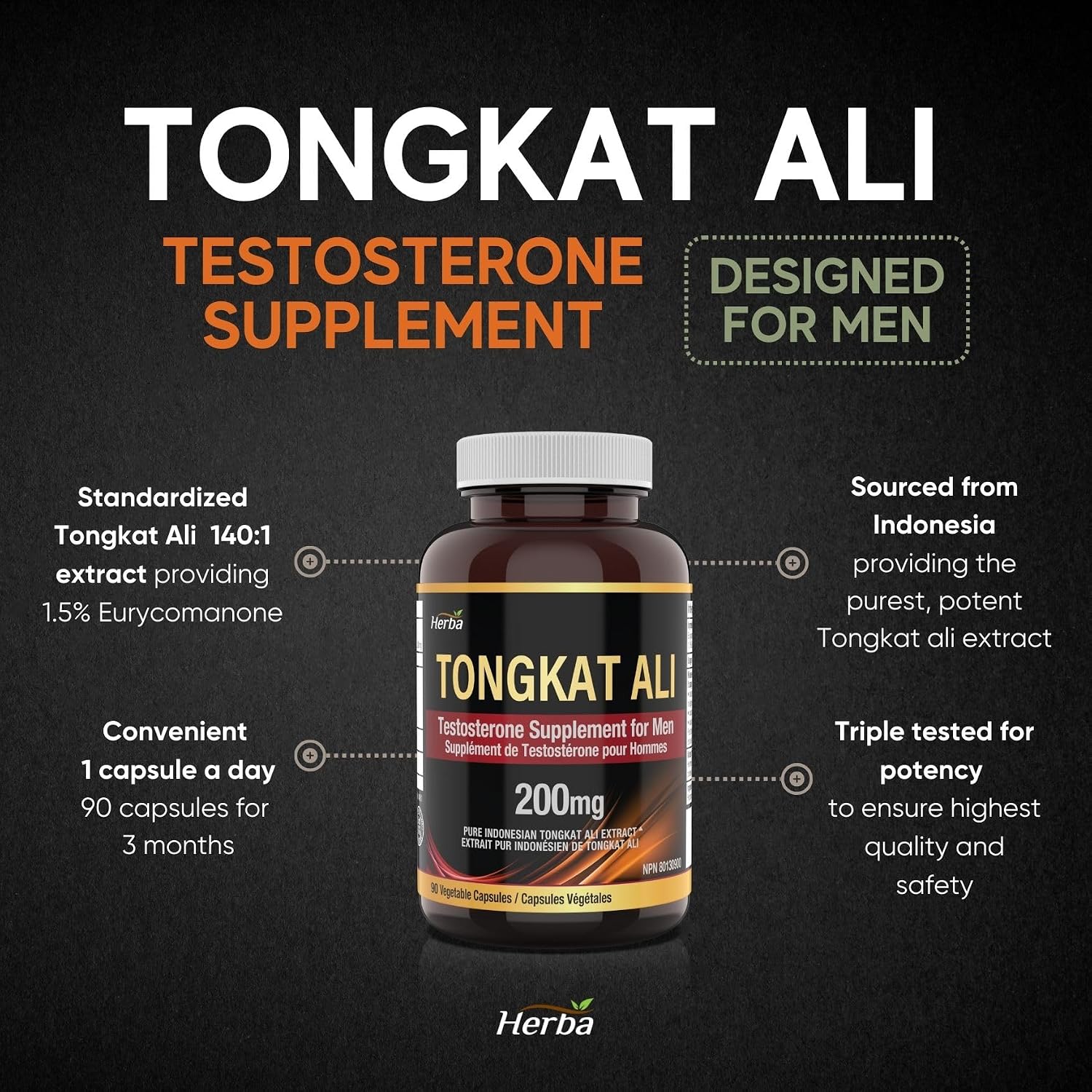 Detalle de Herba Pure Tongkat Ali Capsules, 140:1 Extract, Made in Canada