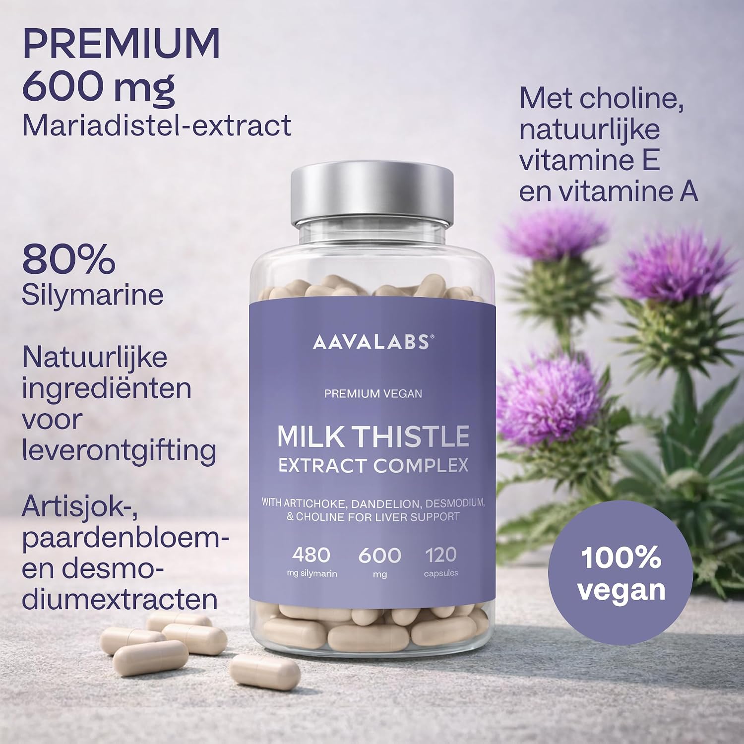 Detalle de AAVALABS Mariadistelcomplex, 120 tabletten met 80% silymarine en kruidenmix