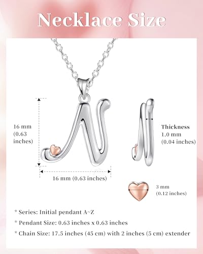 Thumbnail 1 de Mesovor collar personalizado de plata de ley 925 con inicial y corazón oro rosa (Letra-N) para mujer