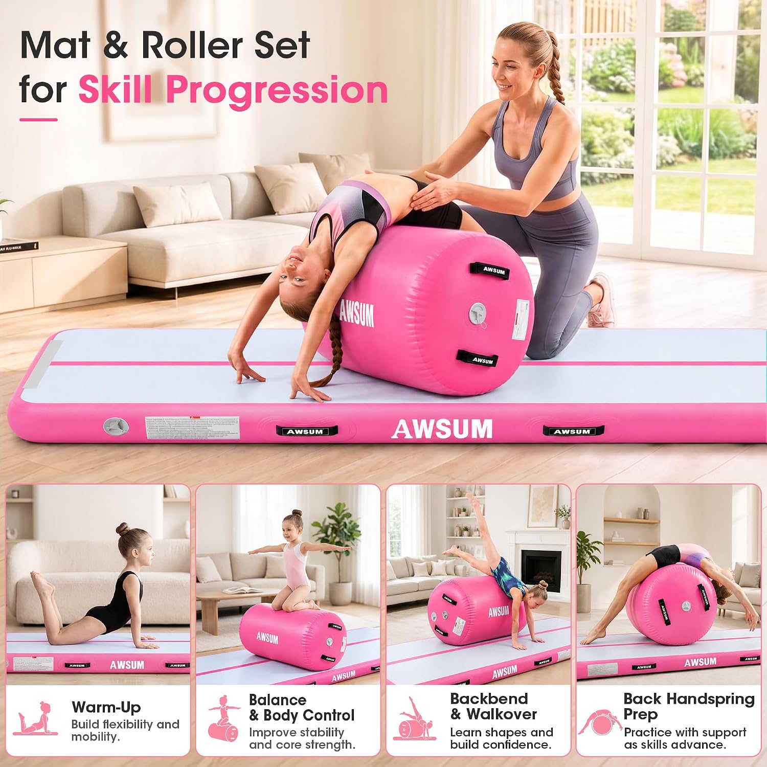 Detalle de AWSUM Inflatable Gymnastics Mat 10ft – 20ft Training Air Mat with Electric Pump