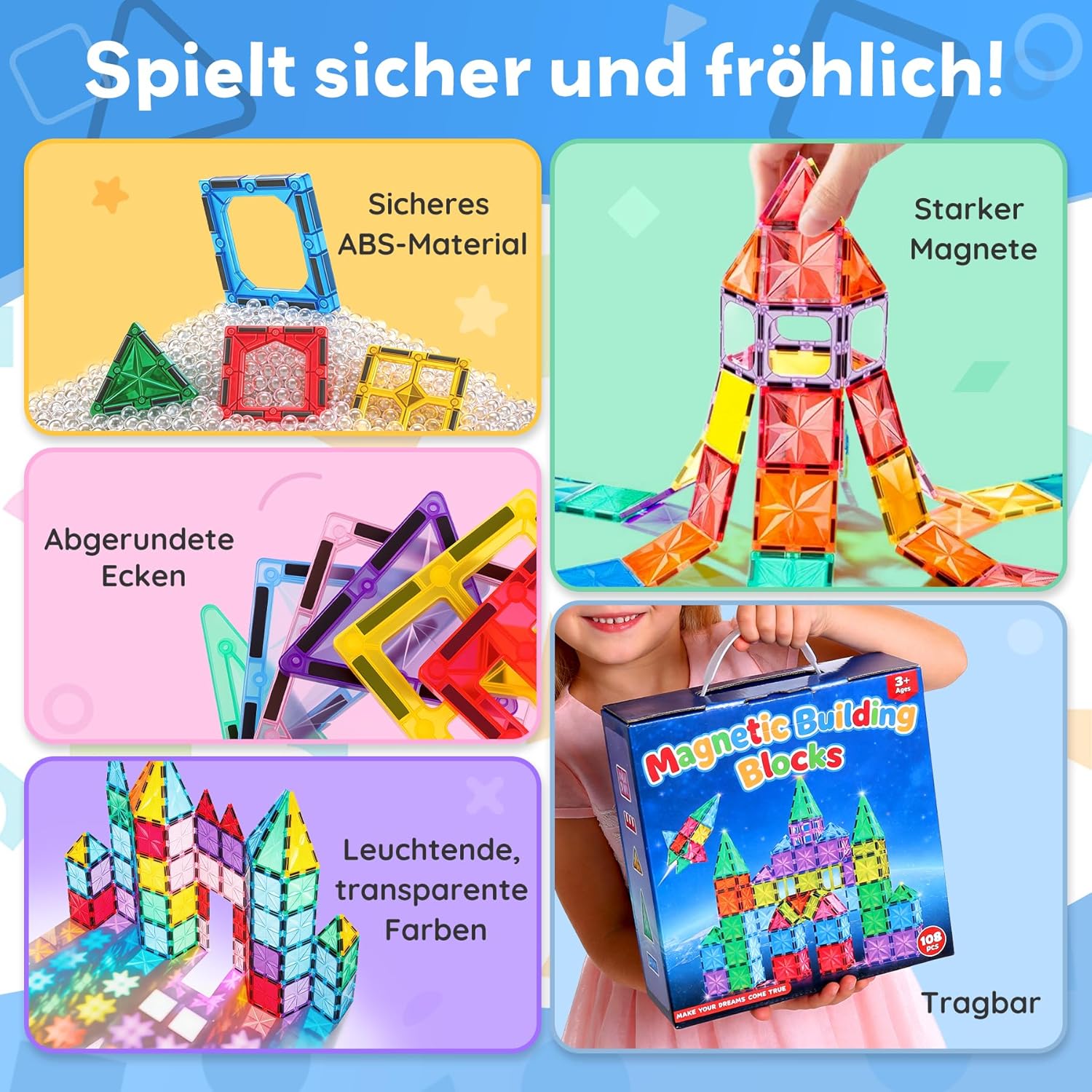 Thumbnail 5 de WOOBLO Magnetische Bausteine 108-teilig inkl. 2 Autos – Magnetkonstruktionsspiel für Kinder ab 3 Jahren