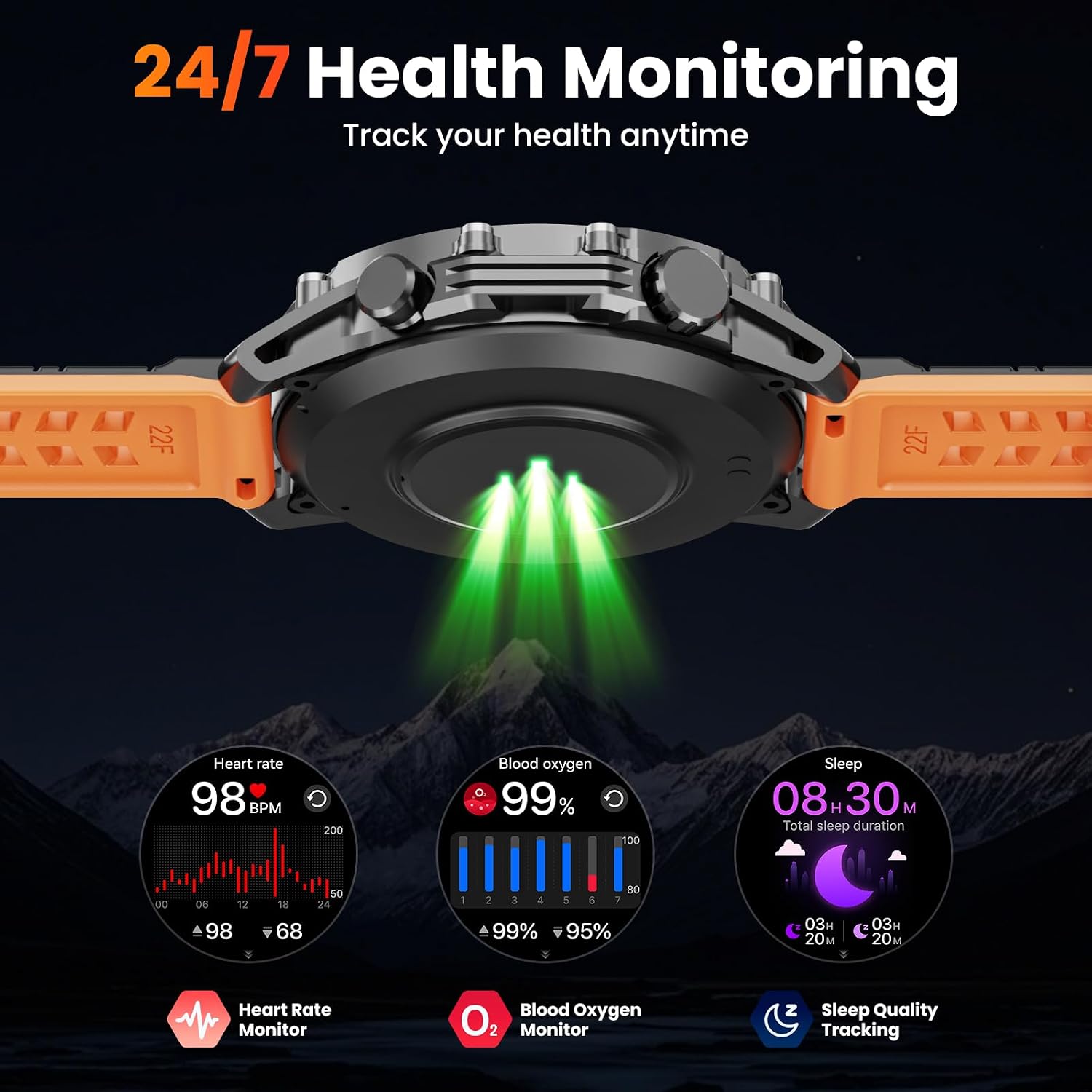Detalle 2 de Hwagol Military Smart Watch for Men with 1.52" HD Touch Display, Heart Rate/SpO2/Sleep Monitoring and Torch