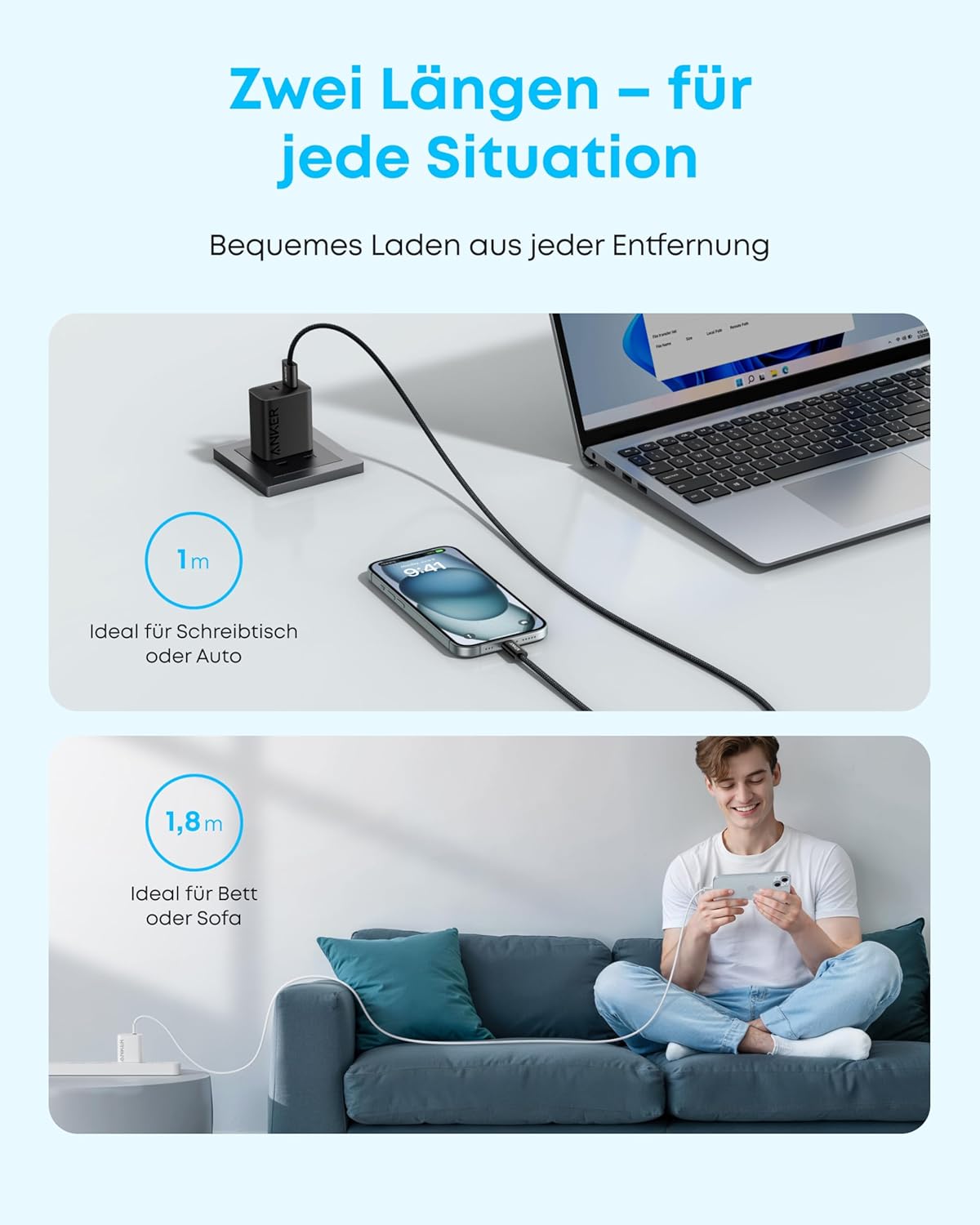 Thumbnail 4 de Anker Zolo USB-C Kabel 1,8 m – 3,1 A, geflochten, CarPlay-Unterstützung