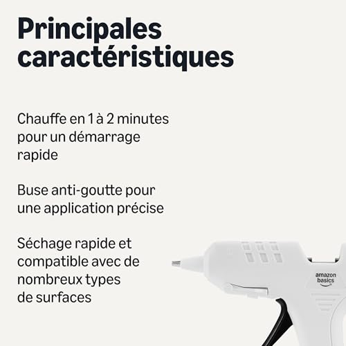 Detalle de Amazon Basics Kit pistolet à colle chaude avec 30 bâtons de colle – 20 W, prise EU, blanc