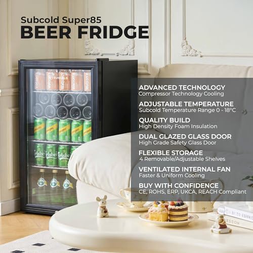 Detalle de Subcold Super85 LED Beer Fridge — 80 Cans + 5 Bottles, 0–18°C, Glass Door