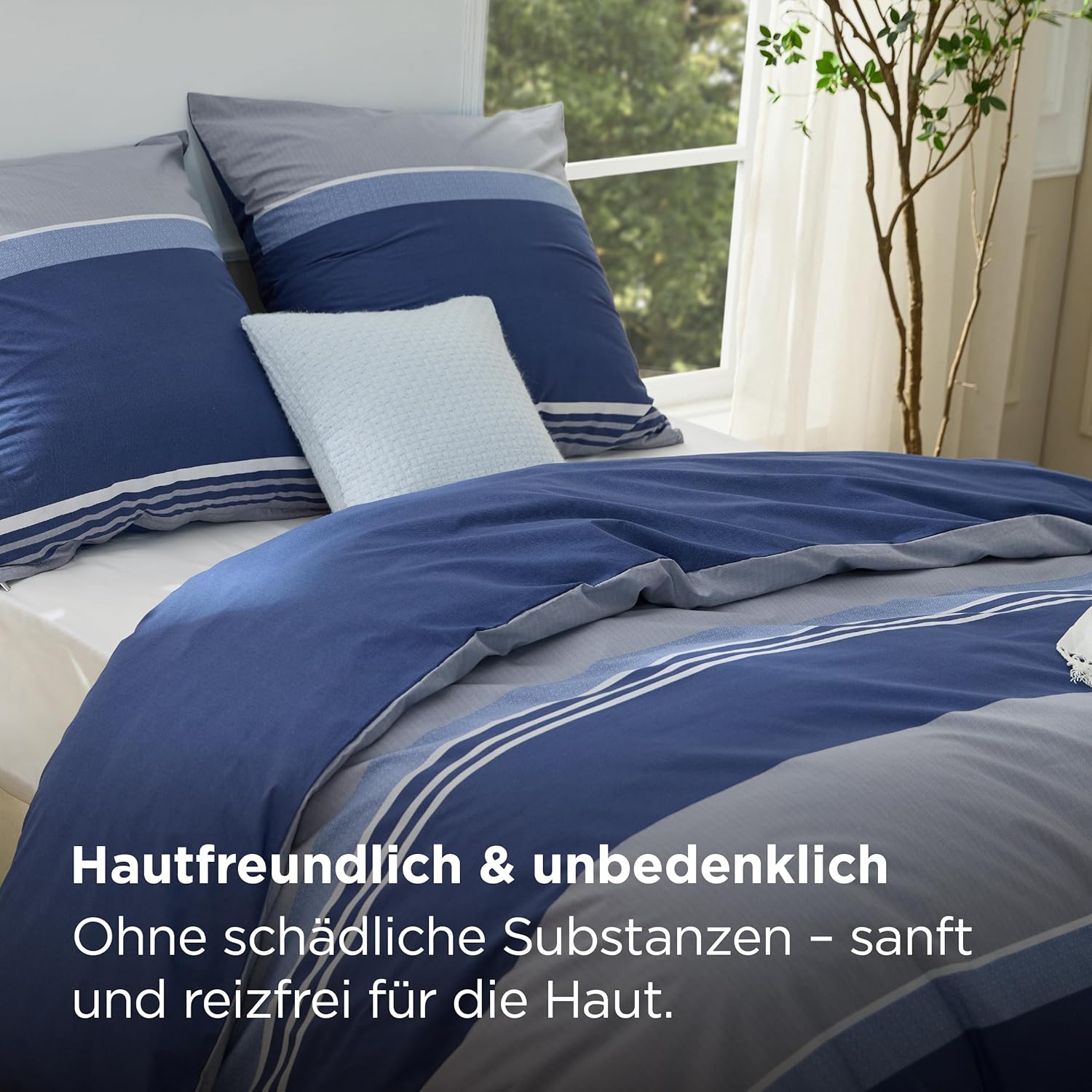 Thumbnail 3 de BEDSURE Bettwäsche 200x200 Baumwolle – 3-teiliges Set mit Reißverschluss, 80x80 Kissenbezüge, OEKO-TEX, Blau Streifen