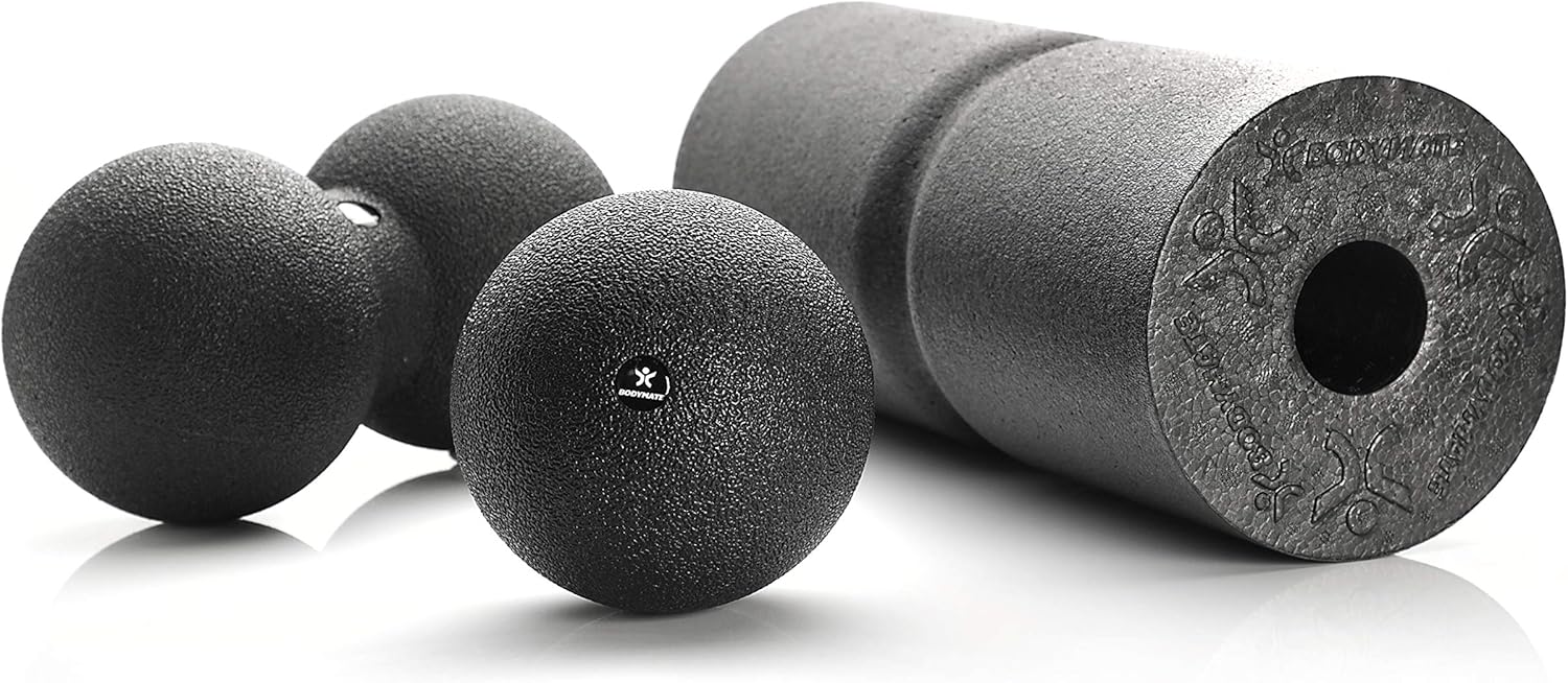 Detalle de BODYMATE Set fascias Care : rouleau rainuré + balle 12 cm + balle duo 12 x 24 cm (noir) avec e-book