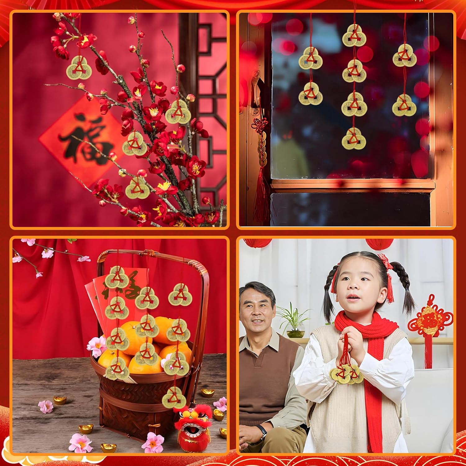 Thumbnail 6 de JUNEBRUSHS Chinesische Glücksmünzen – 16 Stück Bronze mit roter Schnur (4 Stile)