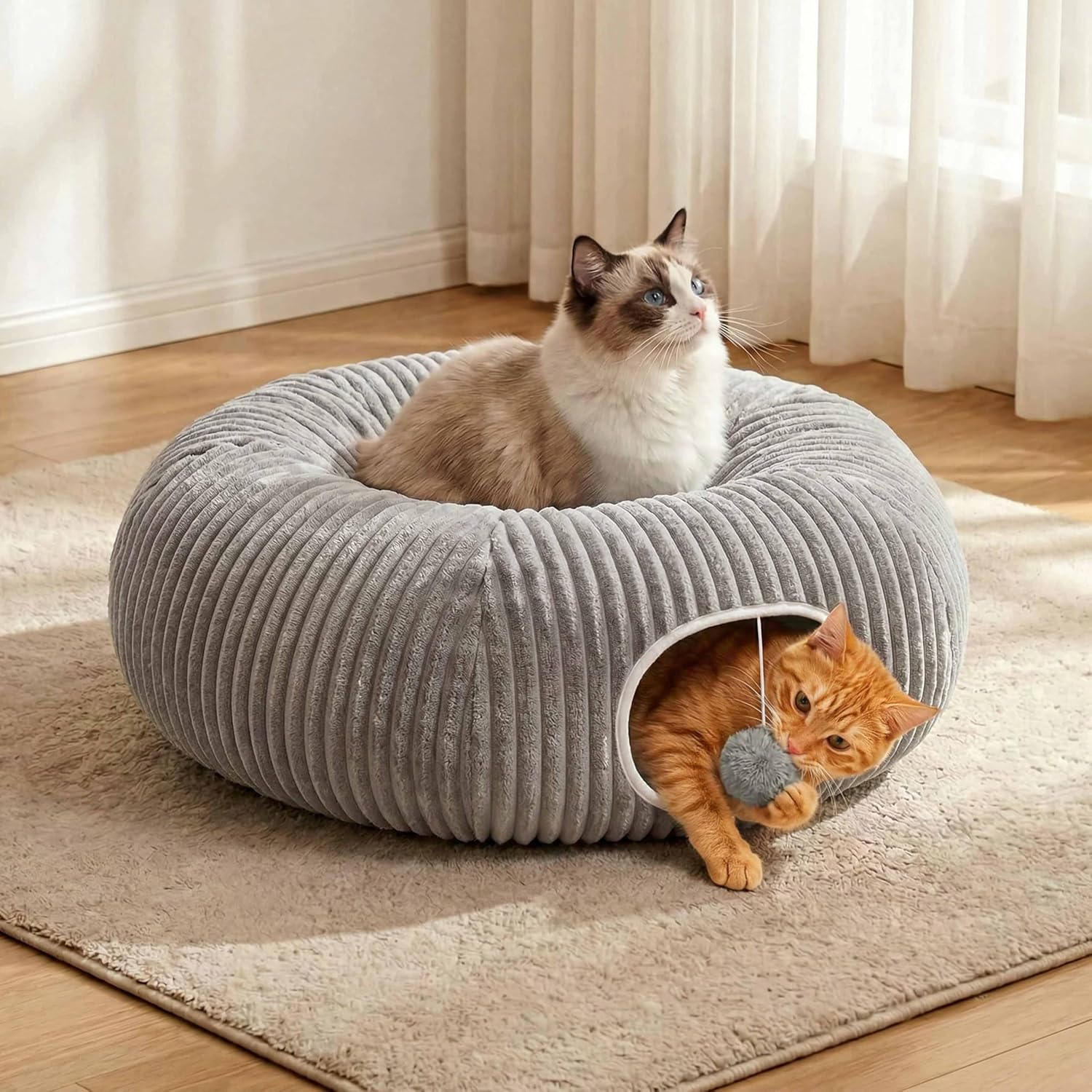 Detalle 2 de MOYMO MOY-CT-strp-grey-14-m Cat Tunnel Bed, Grey Cotton Play Cave