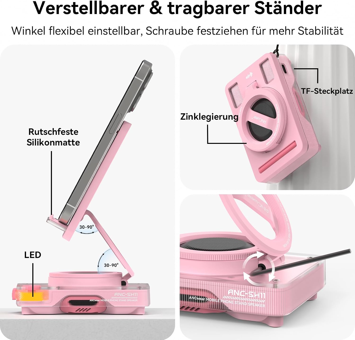 Thumbnail 1 de ANCwear Smartphone-Halter mit Bluetooth-Lautsprecher – 5W Klang, microSD-Musik, verstellbarer Ständer (Weiches Rosa)