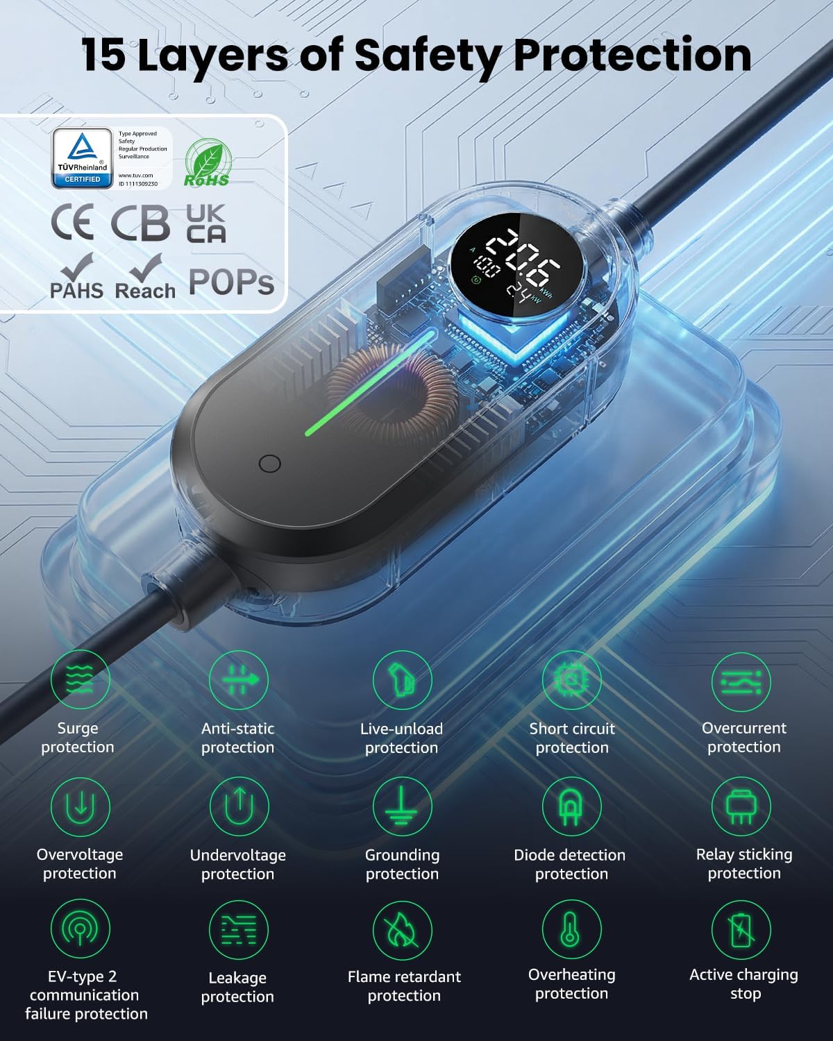 Detalle de GONEO Type 2 to 3 Pin Plug EV Charger (10M, IP66) with Temperature Monitoring and Leakage Protection