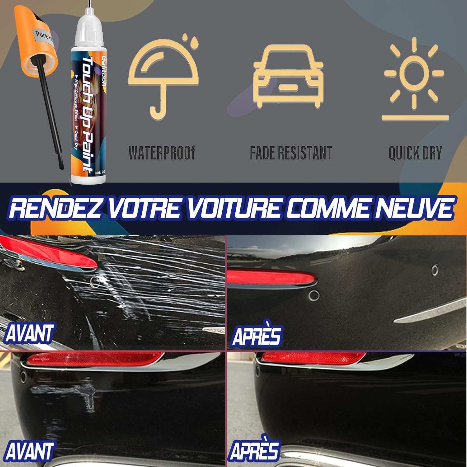 Detalle de Galitoon Stylo de retouche peinture carrosserie – Noir, 2-en-1