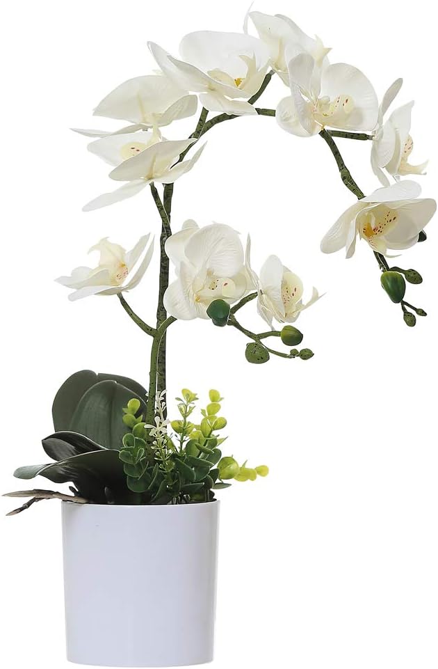 Detalle de Orchidée artificielle blanche dans pot blanc — fleur et plante réalistes pour la maison et le bureau