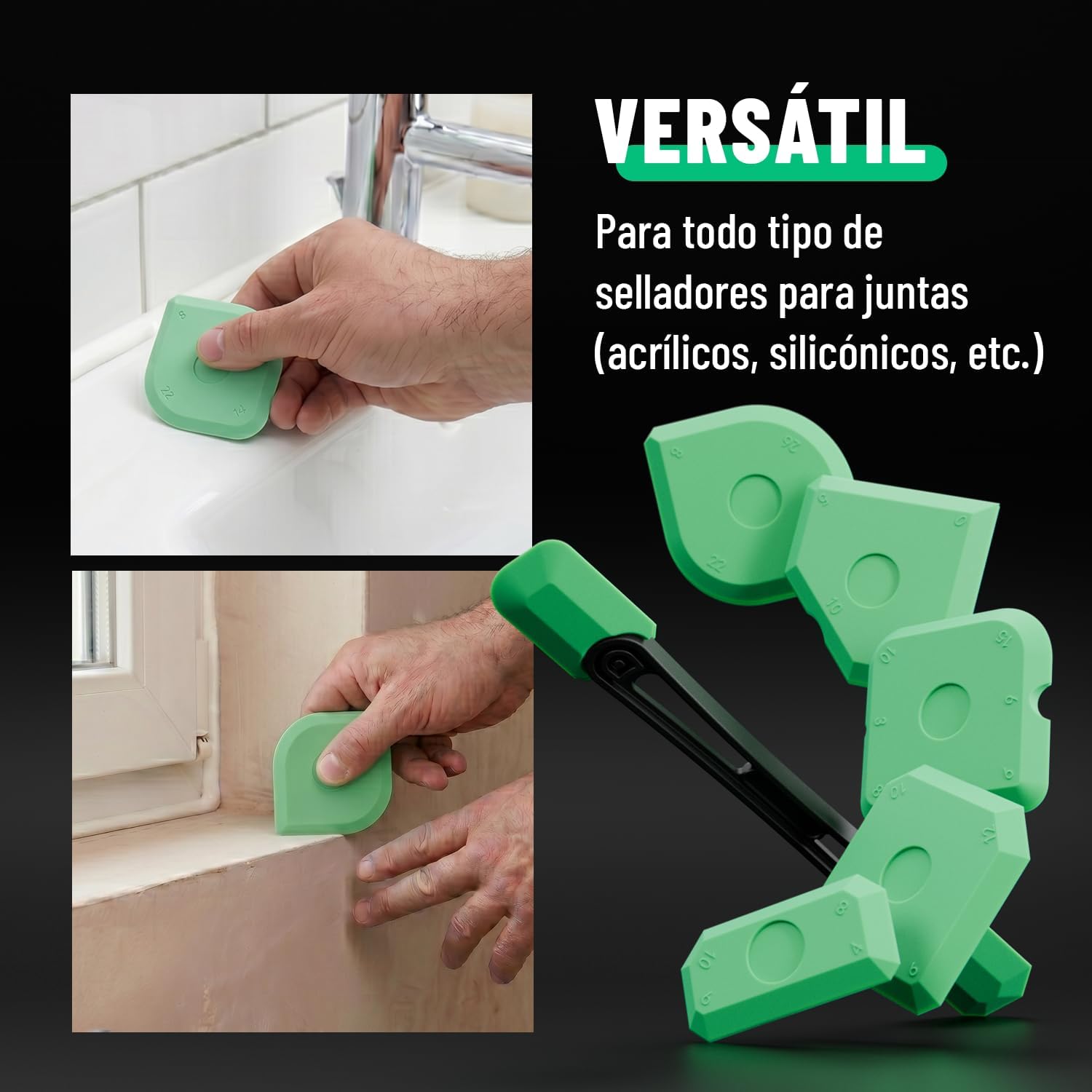 Detalle 2 de Set 7 pezzi Spatola per silicone per rifinitura Greate: 5 tira-fughe flessibili + asta tira-fughe e rimuovi silicone