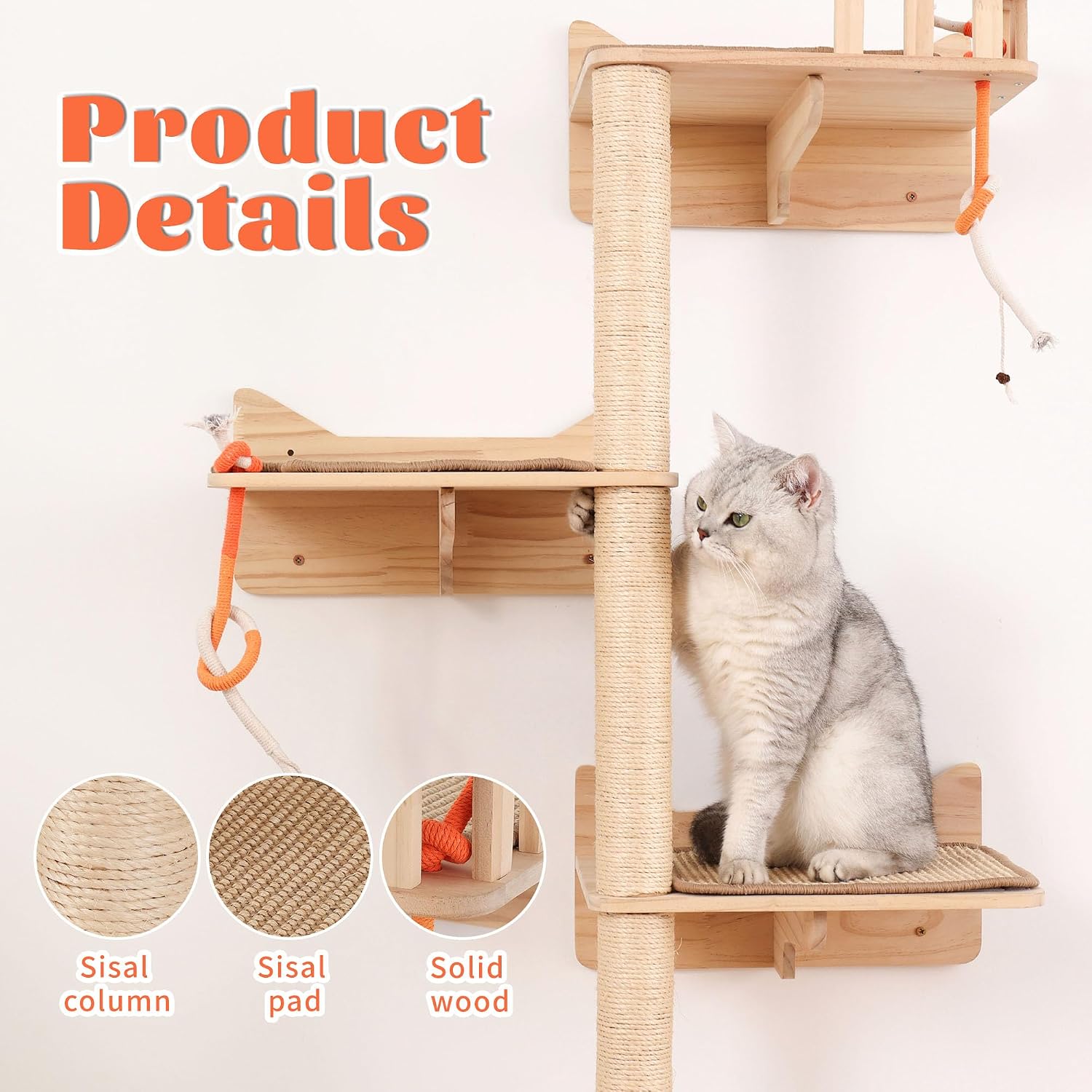 Detalle 2 de MIUZMORE Arbre à chat mural – 7 étagères et perchoirs en sisal pour grimper, gratter et se détendre