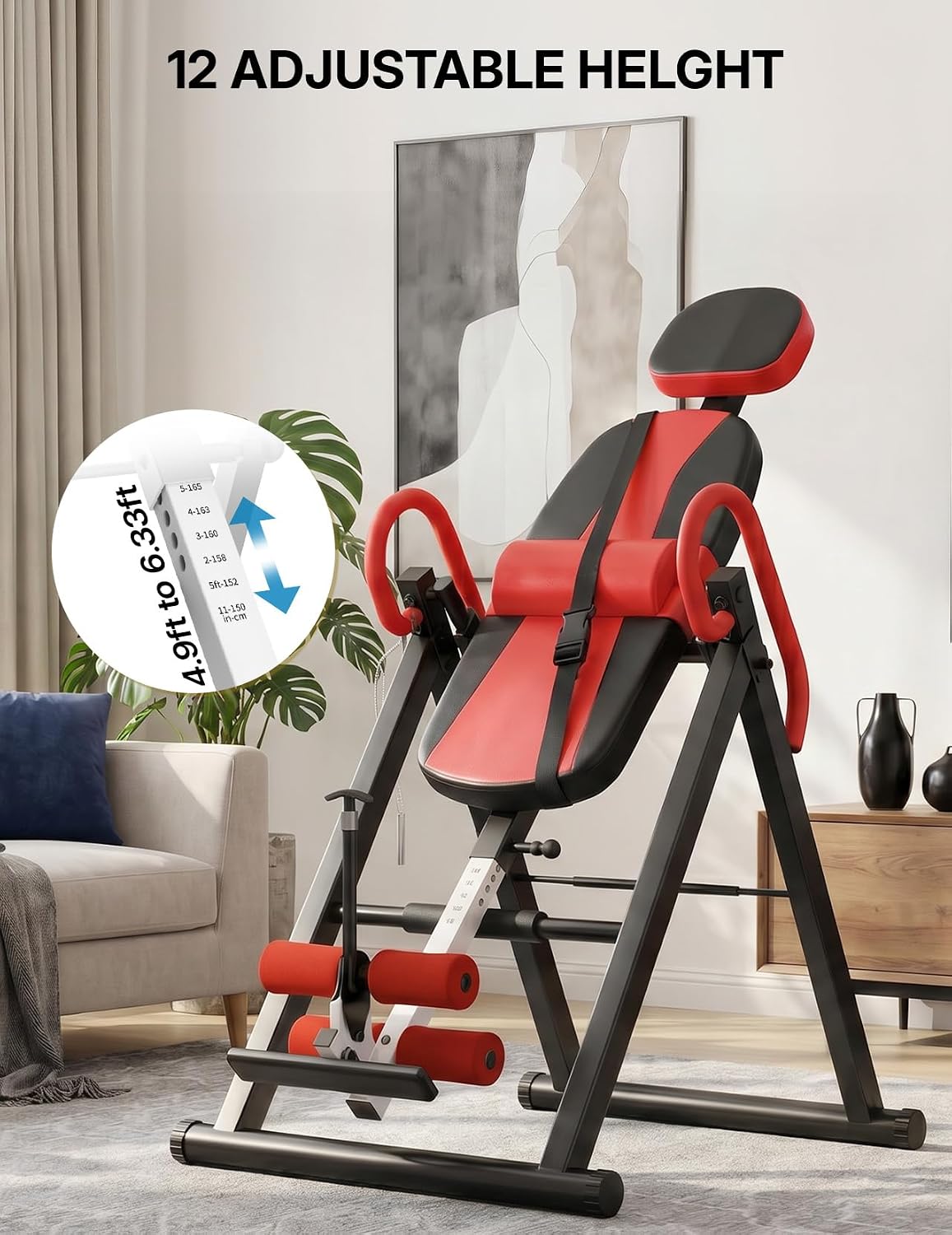 Detalle de YOLEO 2023 Inversion Table with Headrest, Adjustable Lumbar Support & Foldable Frame