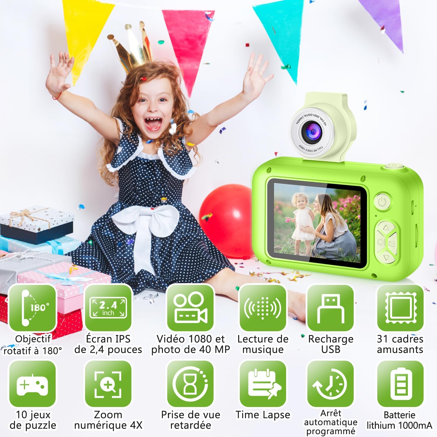 Thumbnail 1 de Appareil photo enfant ARNSSIEN X101 avec écran IPS 2,4" et objectif pivotant 180°