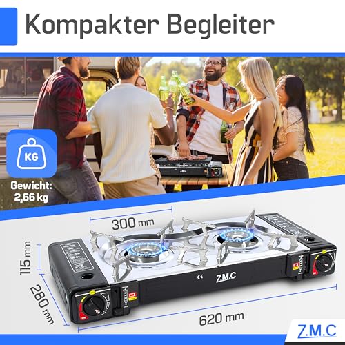 Detalle de Z.M.C Gaskocher Campingkocher 2-flammig mit Grillplatte und 4x 227 g Kartuschen