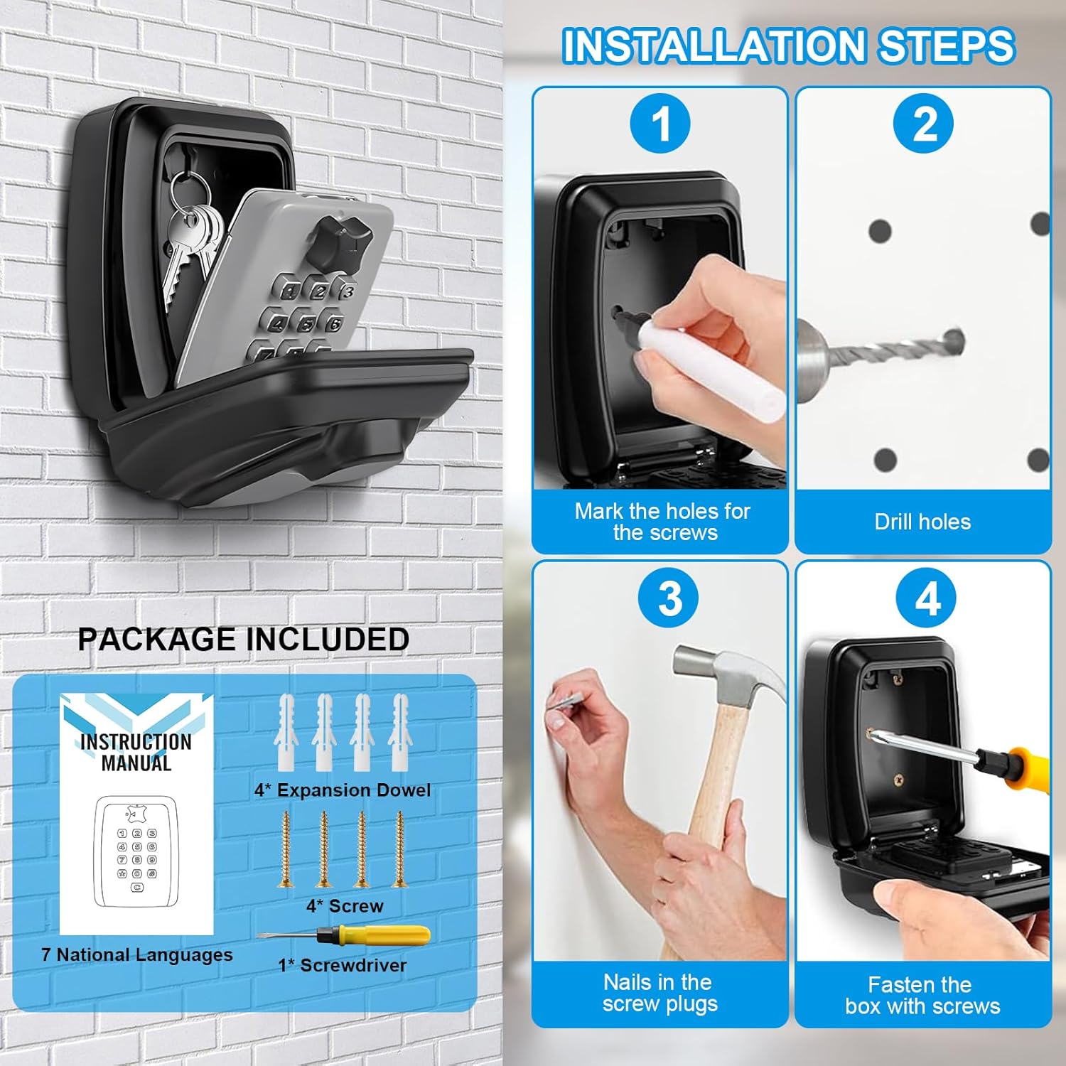 Thumbnail 5 de Key Safe Wall Mounted: Large Outdoor Key Lock Box with 12-Digit Code