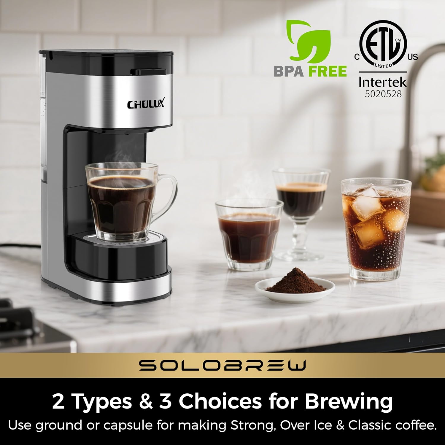 Thumbnail 1 de CHULUX SoloBrew Single Serve Coffee Maker: 3 Brew Sizes, K Cup + Ground, 1000W, Removable 14oz Reservoir